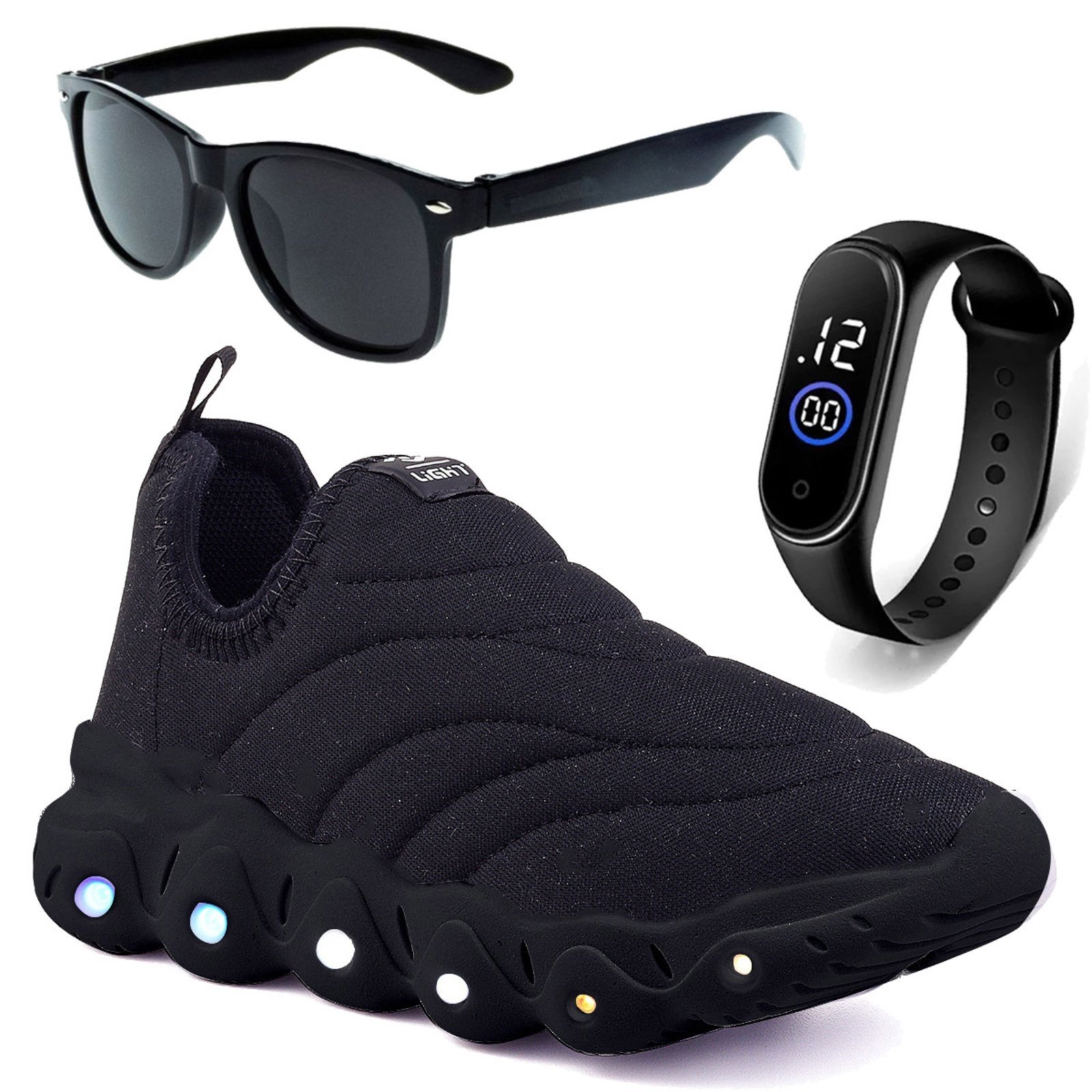 Infantil – Kit Tênis De Led Preto Calce Facil Meninos e Meninas Escolar Óculos e Relógio