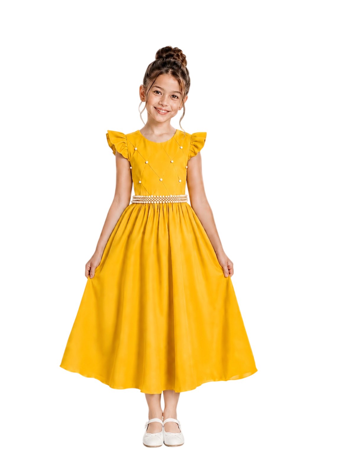 Infantil - Vestido Longo Social Amarelo Ouro Festa Formatura Casamento Pérolas Dama Daminha Menina Juvenil Juvenil Princesa Rodado Florista Aniversário Luxo
