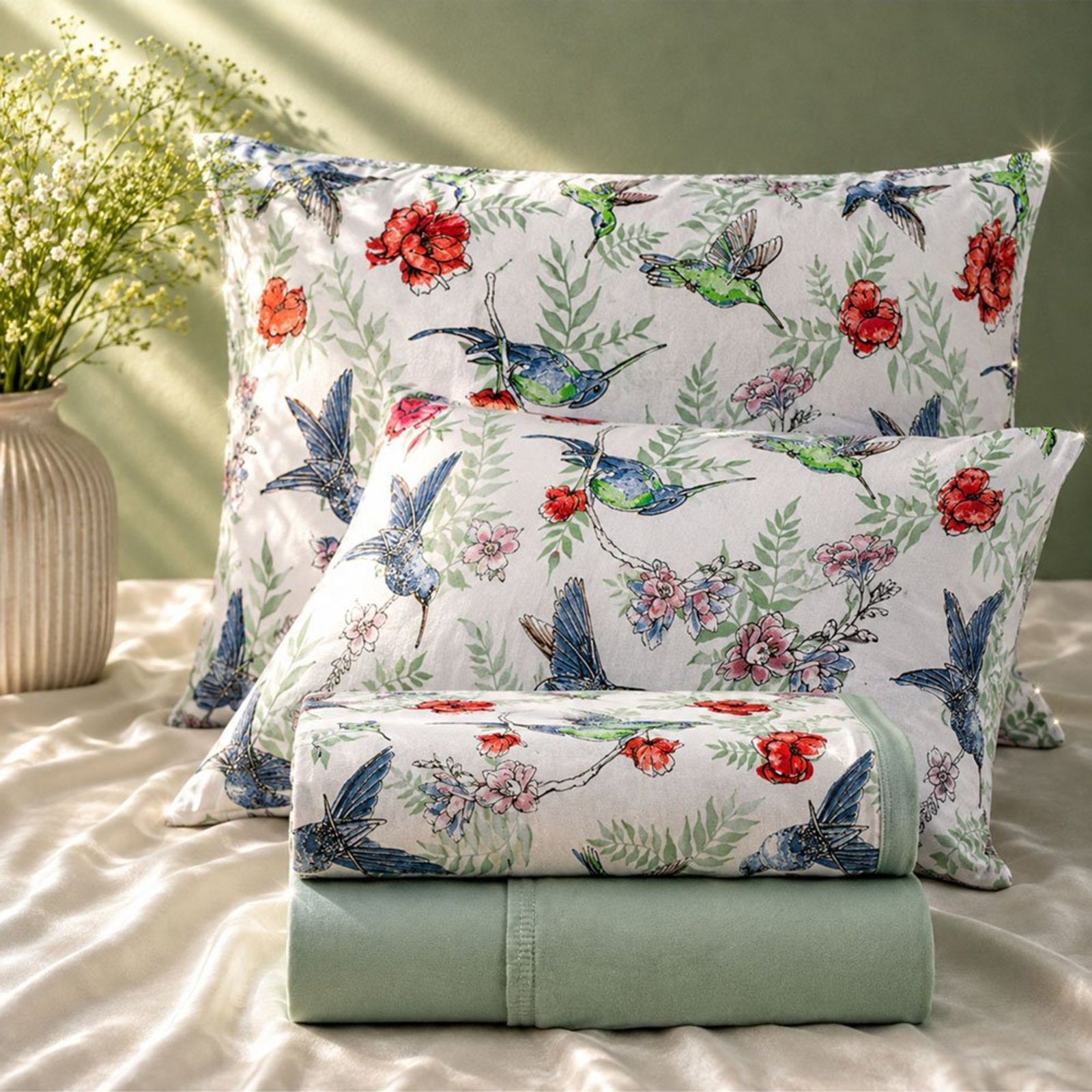 Jogo de Cama Lençol Malha Grossa Fio Penteado 100% Algodão Queen 4 Peças - Beija Flor