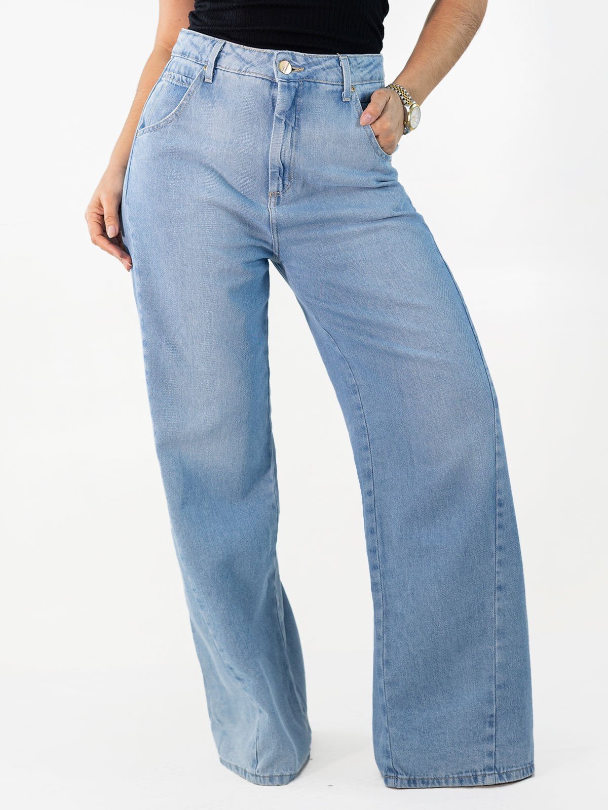 Calça Jeans Feminina Wide Leg Ampla Alta Recorte Lateral Anticorpus