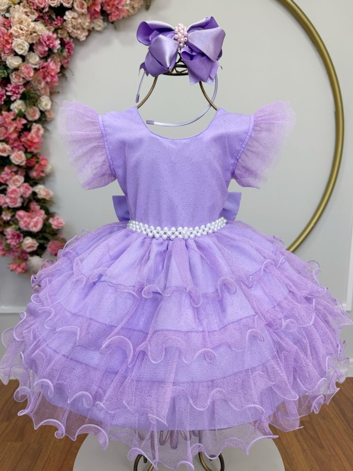 Infantil - Vestido Festa Lilás Lavanda Formatura Florista Casamento Babados Dama Daminha Social Menina Juvenil Pérolas Princesa Rodado Aniversário Luxo