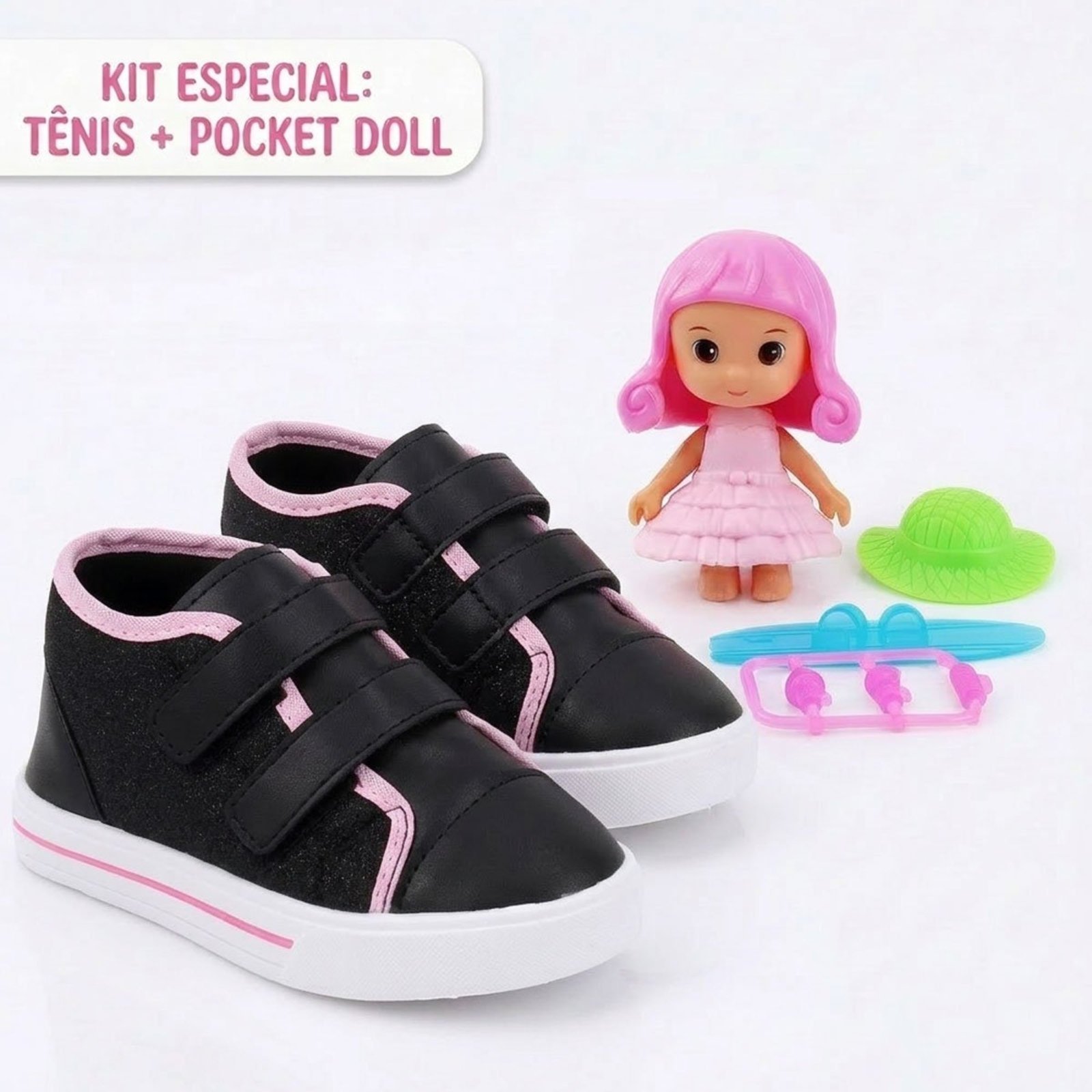 Infantil - Kit Tênis Menina Bee Happy Preto Glitter + Boneca Pocket Doll