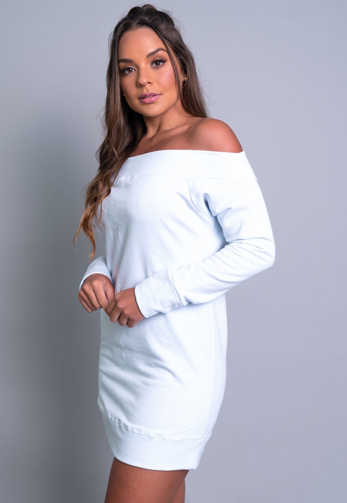 Vestido MVB Modas Manga Longa Moletom Flanelado Ombro a Ombro Branco