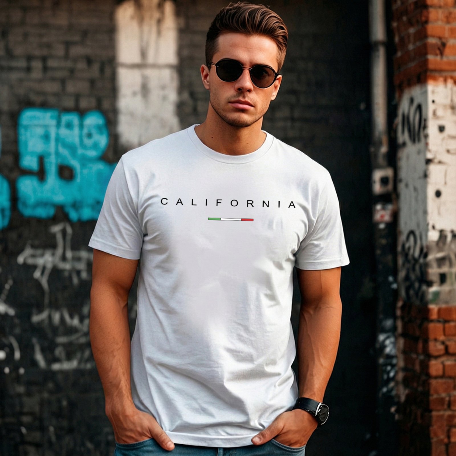 Camiseta Masculina Sartre Algodão Básica Branca Manga Curta Gola Redonda Estilo Versátil Conforto Macia Estampa Faixa Califórnia