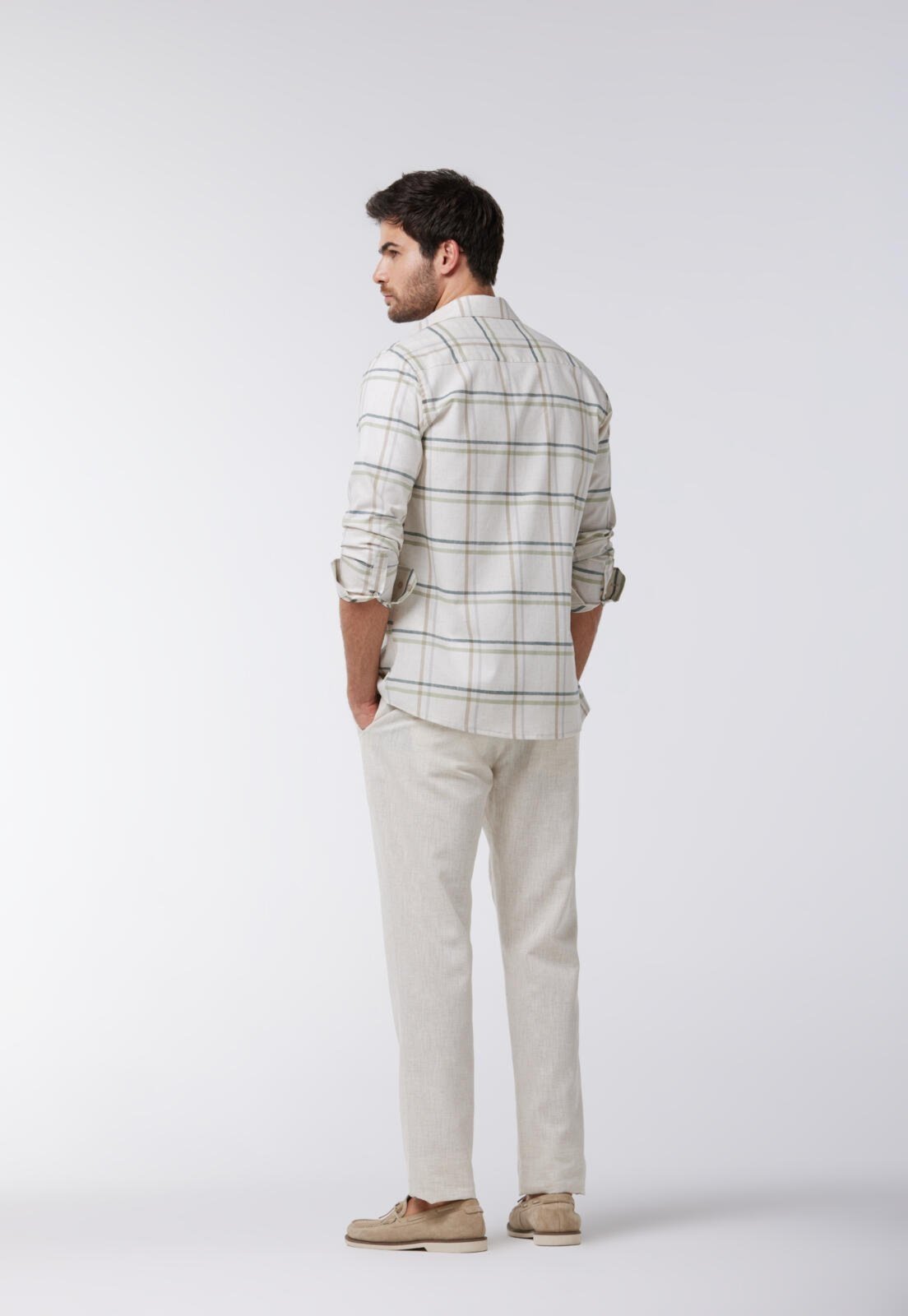 Vista 3 Camisa Xadrez Traymon Slim Manga Longa Xadrez Cru/ Verde xadrez verde Traymon xadrez verde