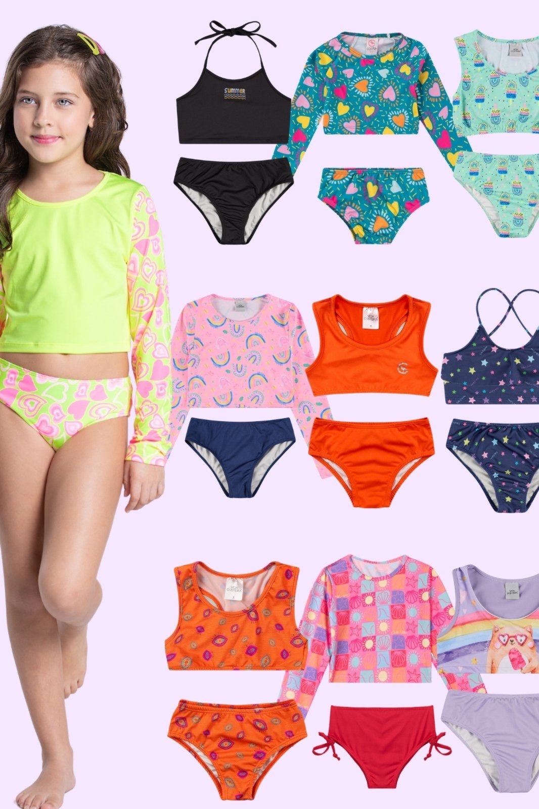 Kit Sortido 6 Peças de Roupas Infantis Menina Moda Praia- 3 Tops + 3 Calcinhas
