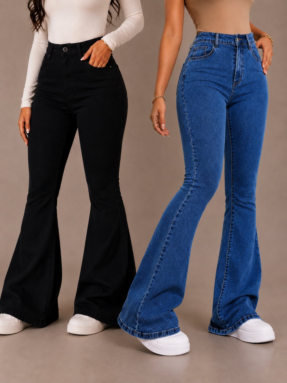 Kit 2 Calças Flare Feminina Mys Jeans Cintura Alta Modelagem Premium Preta + Escura
