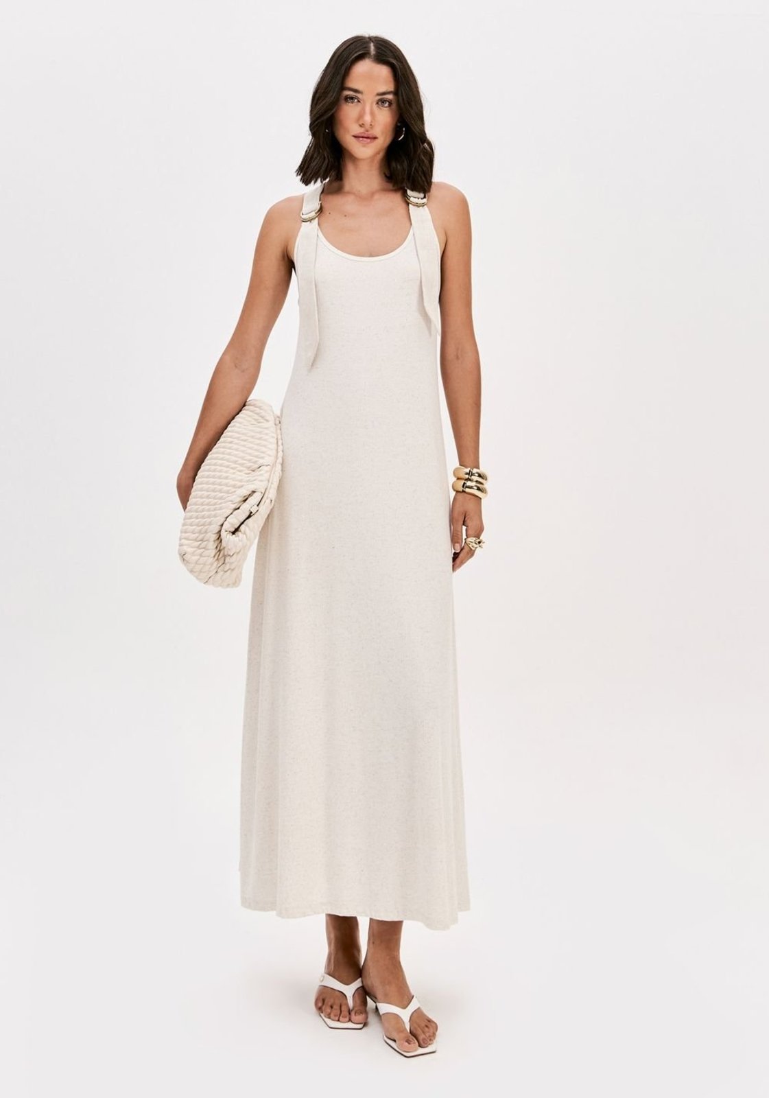 Vestido Canelado Super Midi Com Linho Lança Perfume
