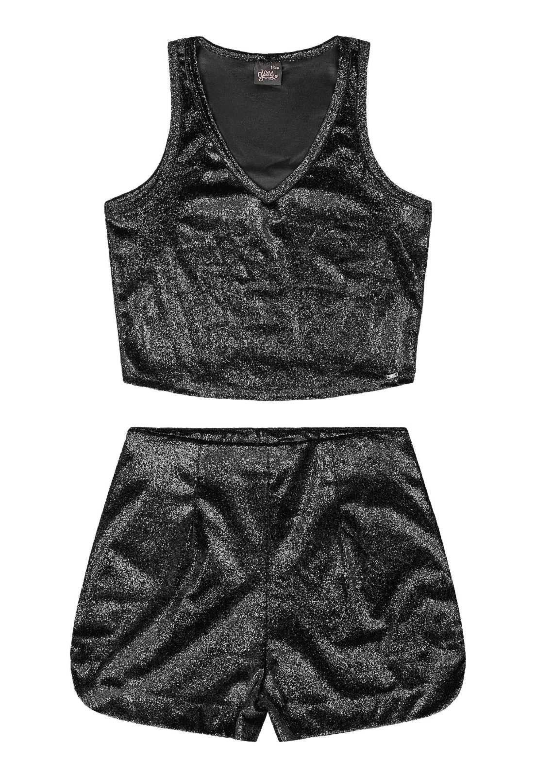 Vista 3 Infantil - Conjunto Top e Short em Veludo Brilho Gloss preto Gloss preto