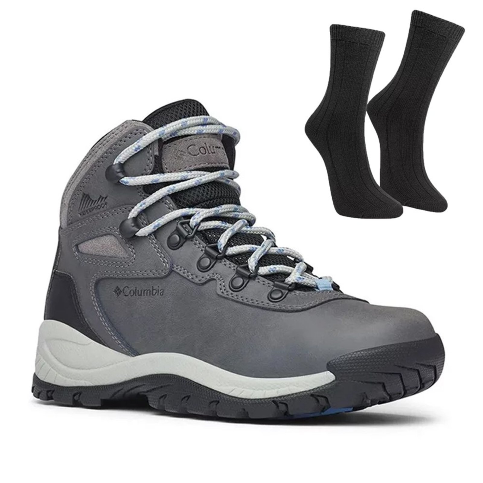 Vista 2 Kit Bota Impermeável Columbia Newton Ridge Plus Feminina + Par de Meia cinza Columbia cinza