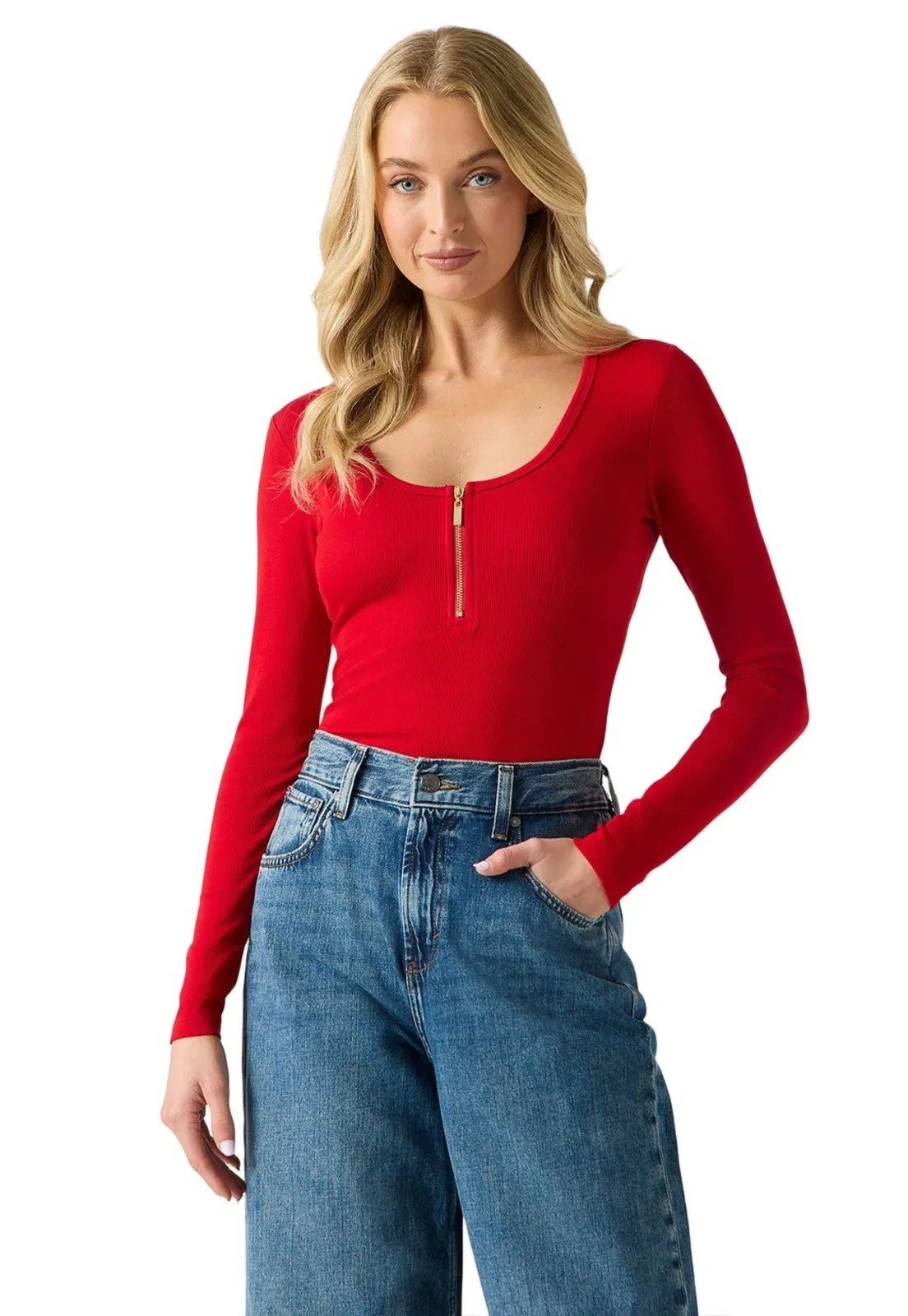 Blusa Guess Ml Rib Ziper Decote Vermelho Escuro