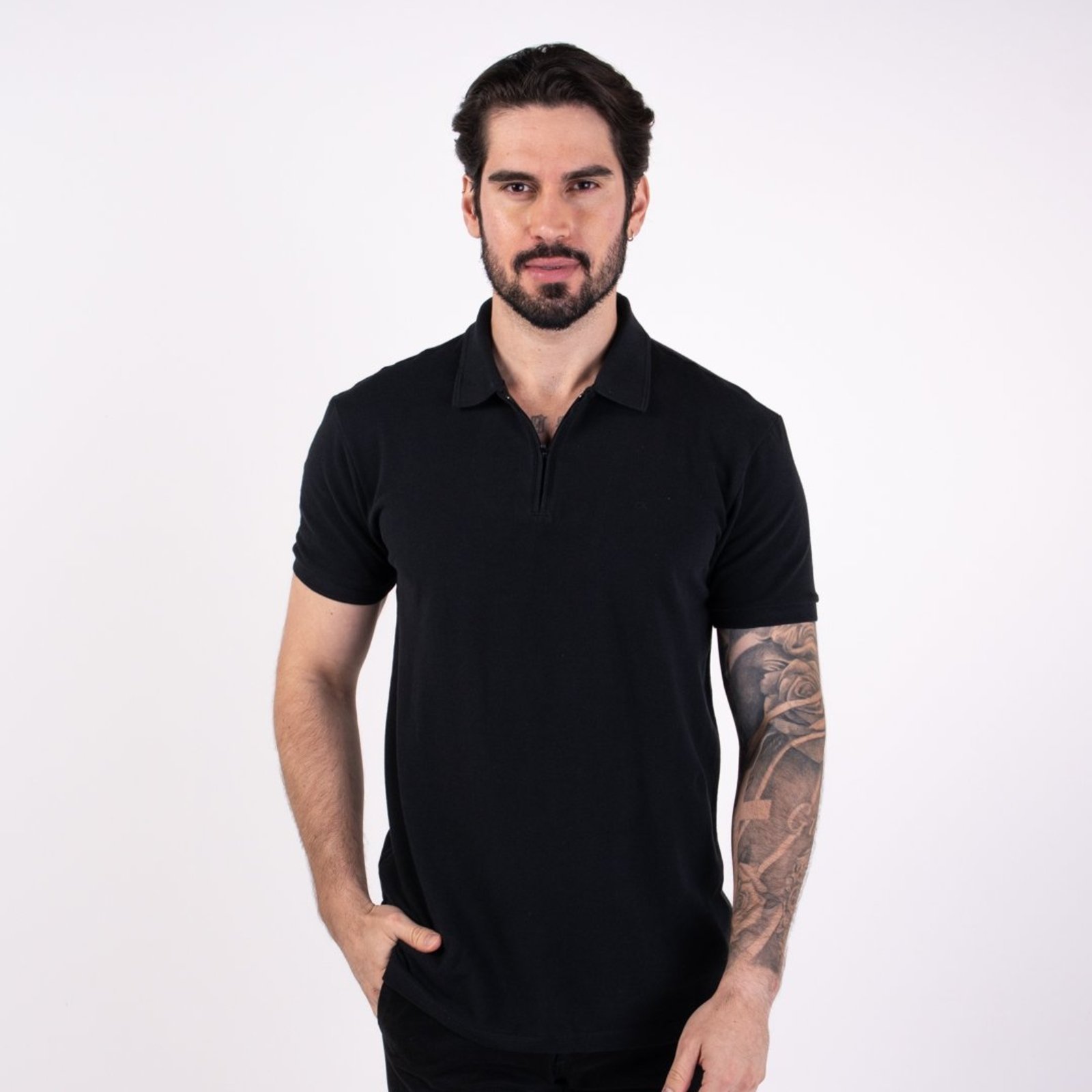 Camisa Polo Calvin Klein Zíper Slim Preta