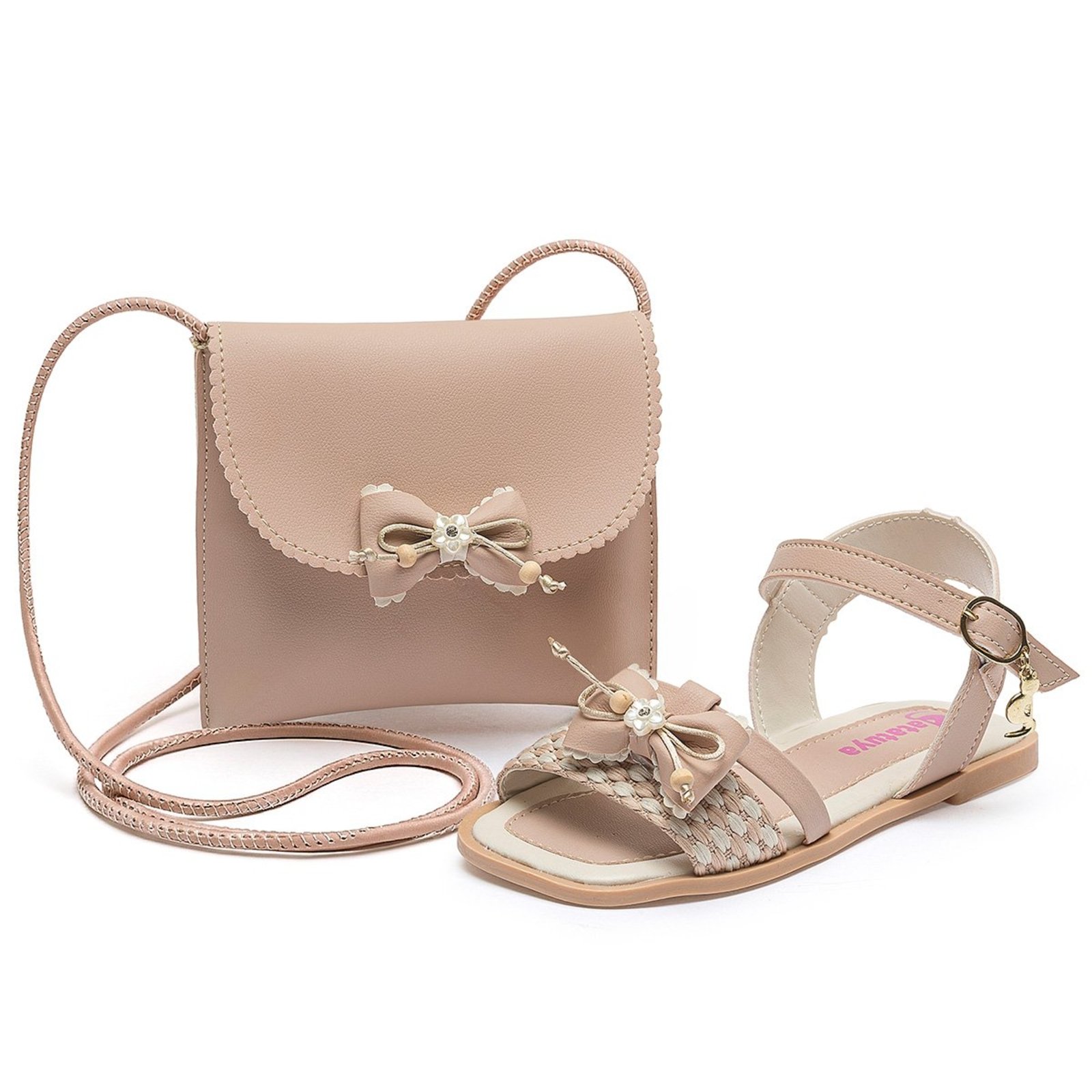 Infantil - Kit Sandália Rasteirinha Feminina com Bolsa Nude Laço Brilho Mzkid