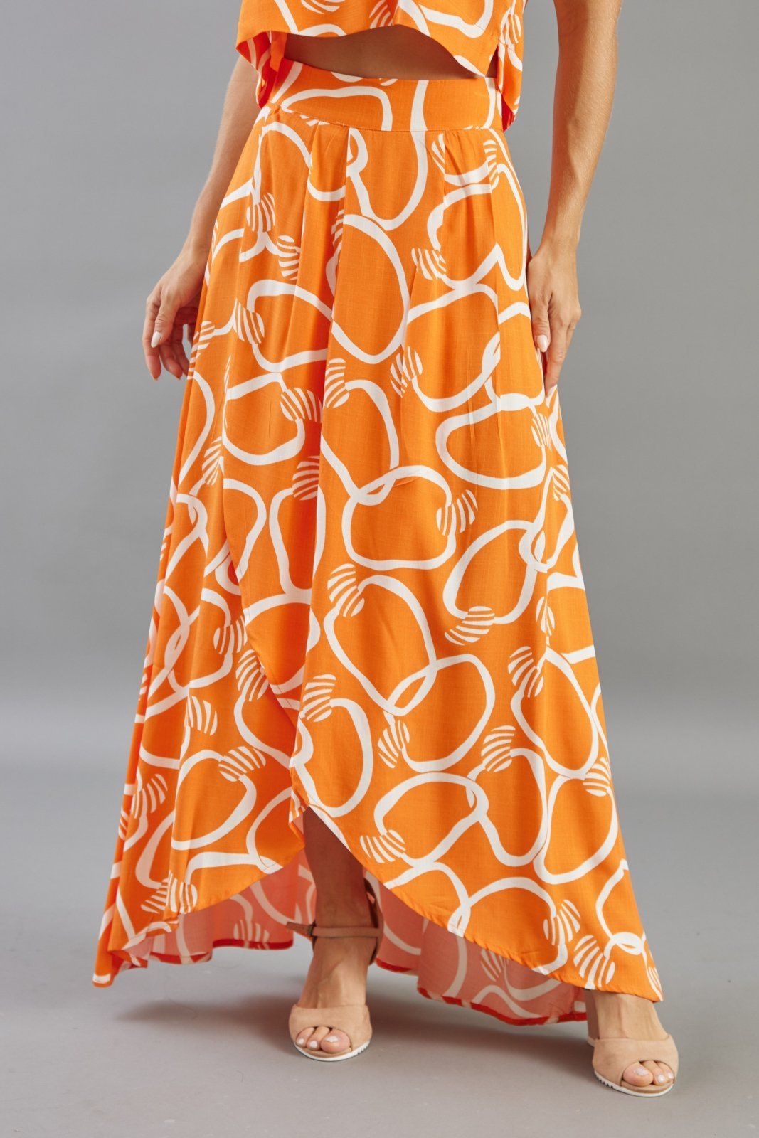 Saia Longa Lemier Collection Assimétrica Soltinha Verão Estampada com Fenda Laranja
