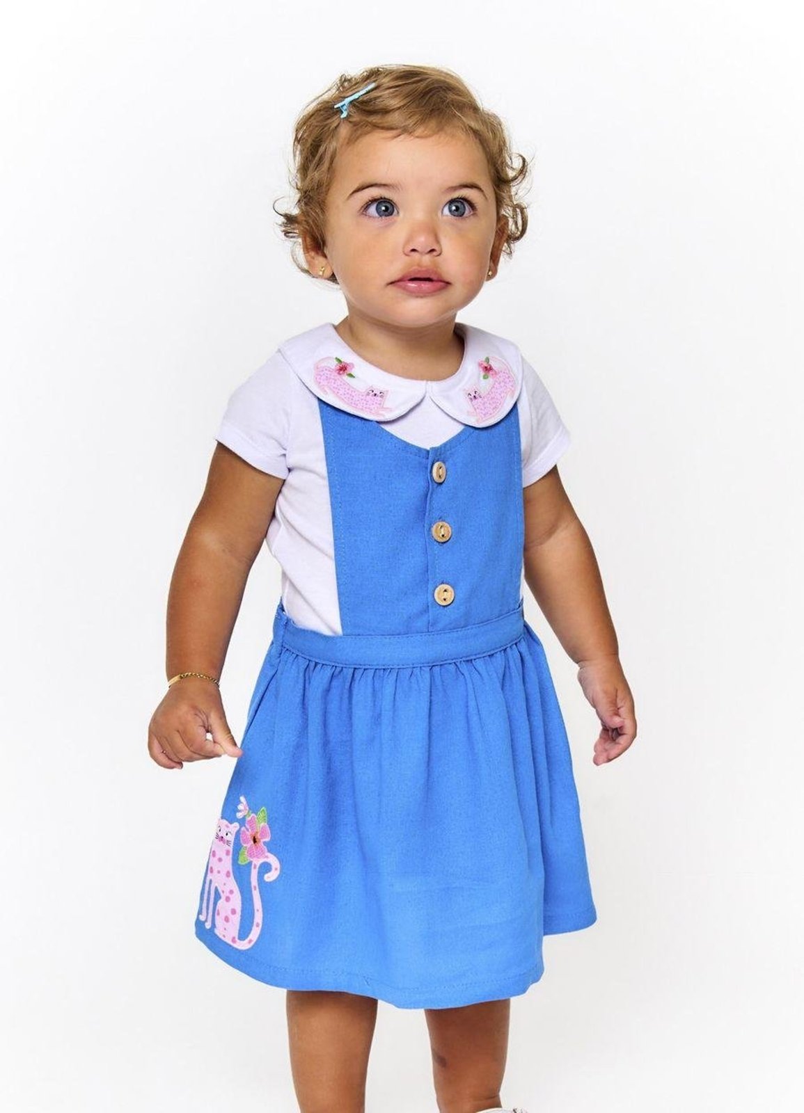 Infantil - Jumper Florescendo Bordado Gatinha e Corações Azul