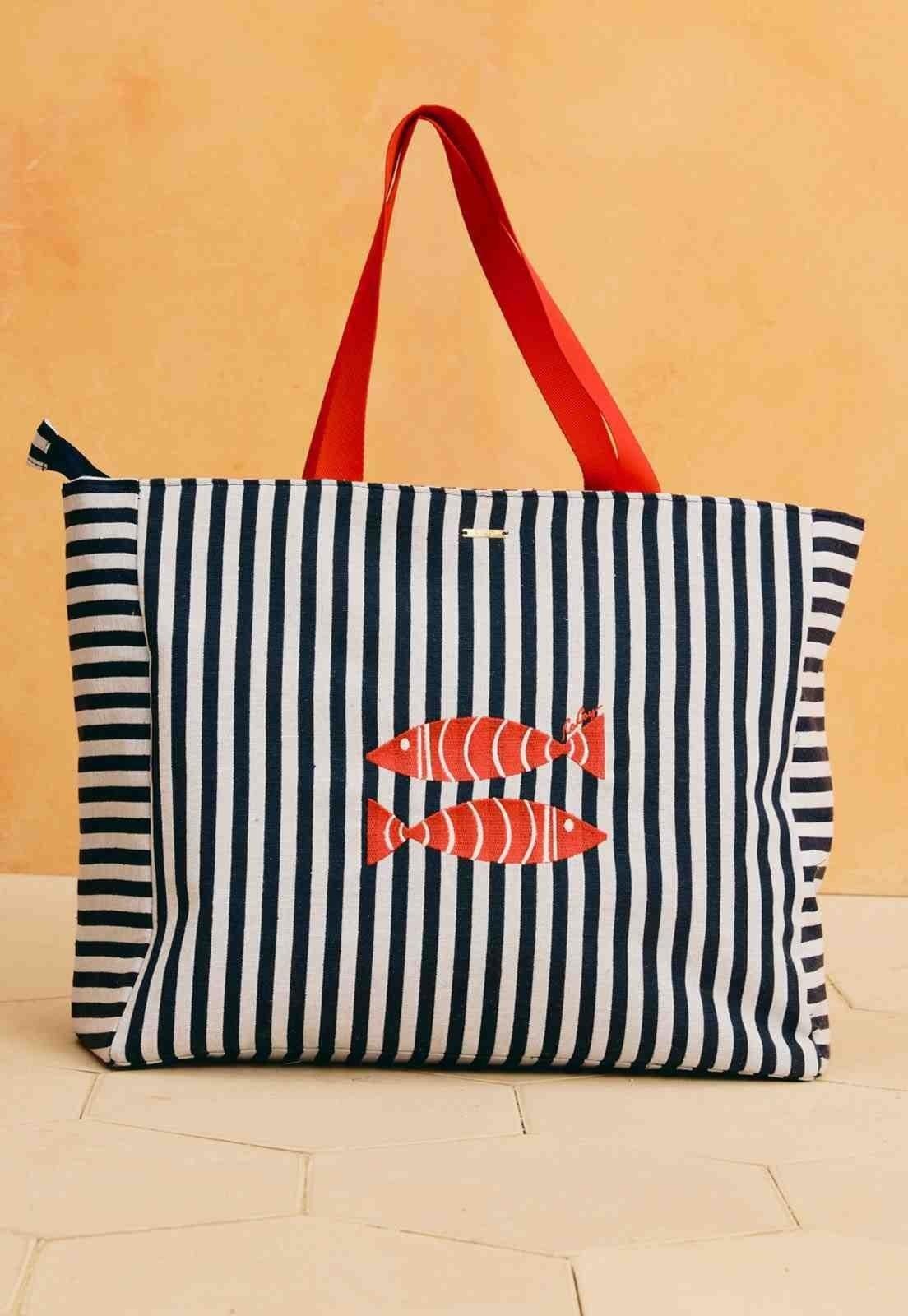 Bolsa Listras Bordado Peixes Azul