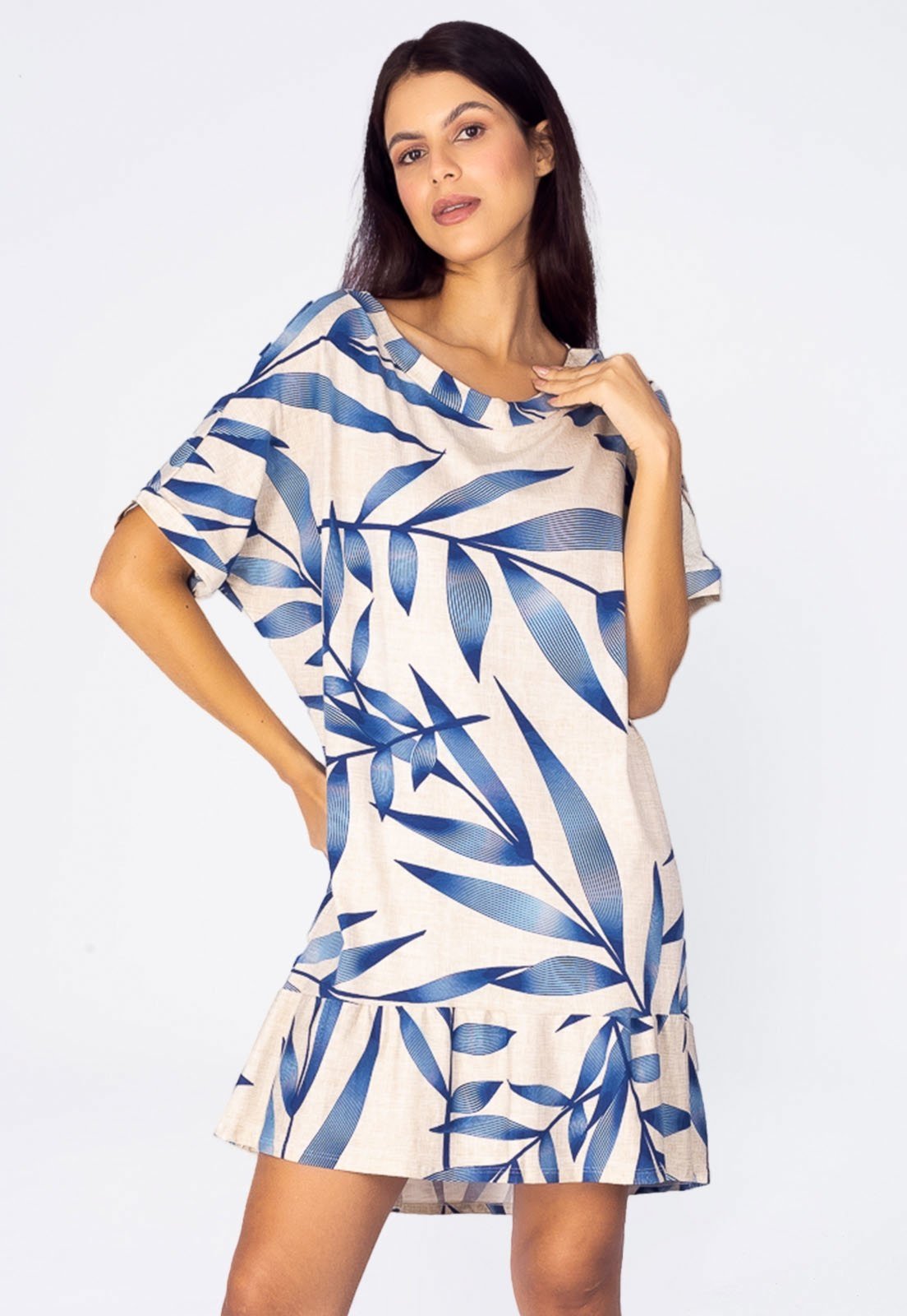 Vestido Curto Amazonia Vital Malha Mullet Amplo Babado Bambu Azul