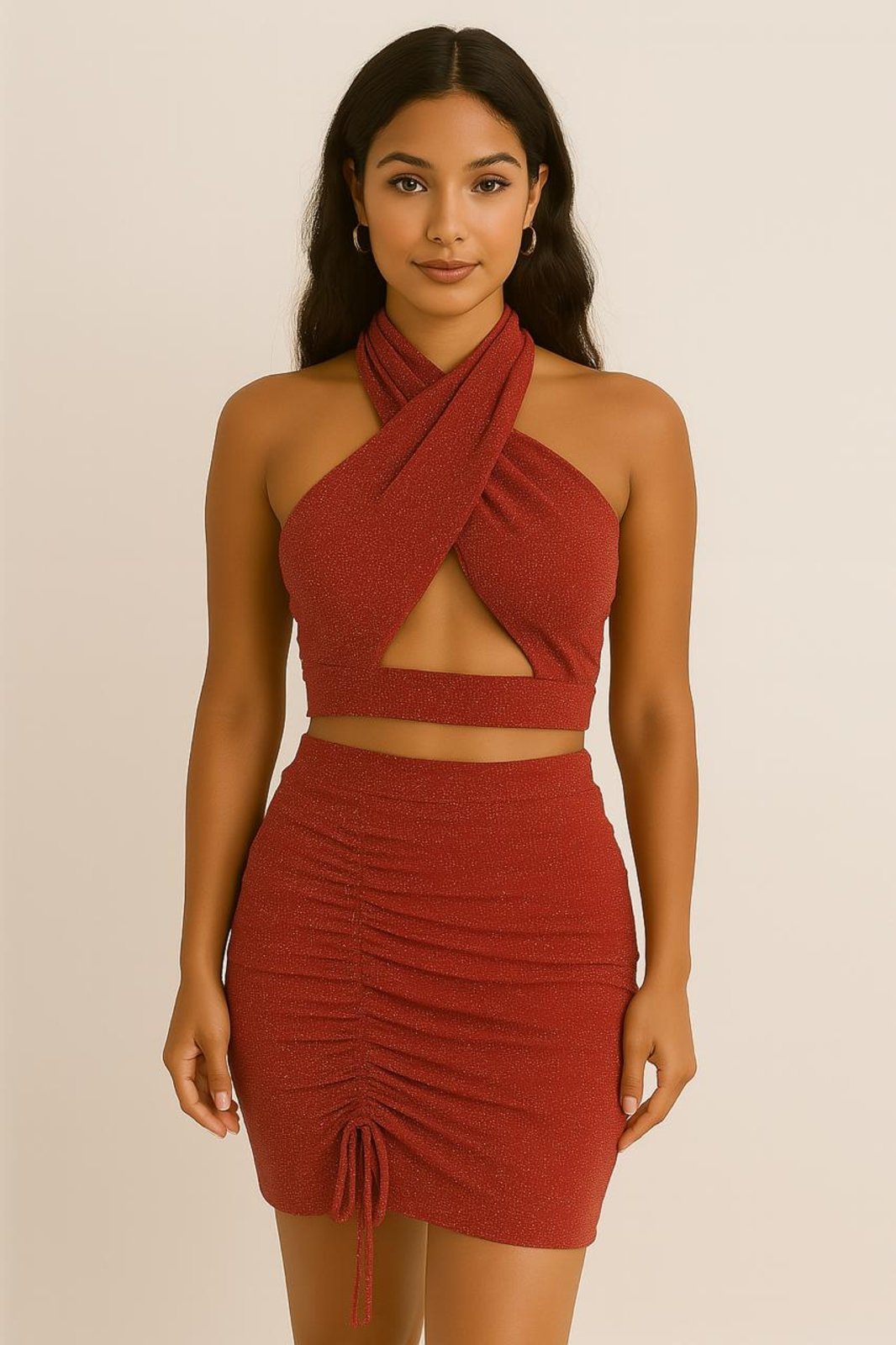 Vista 2 Conjunto Brilho Fatal -Copped Transpassado e Saia Lurex Summer Body vermelho Summer Body vermelho