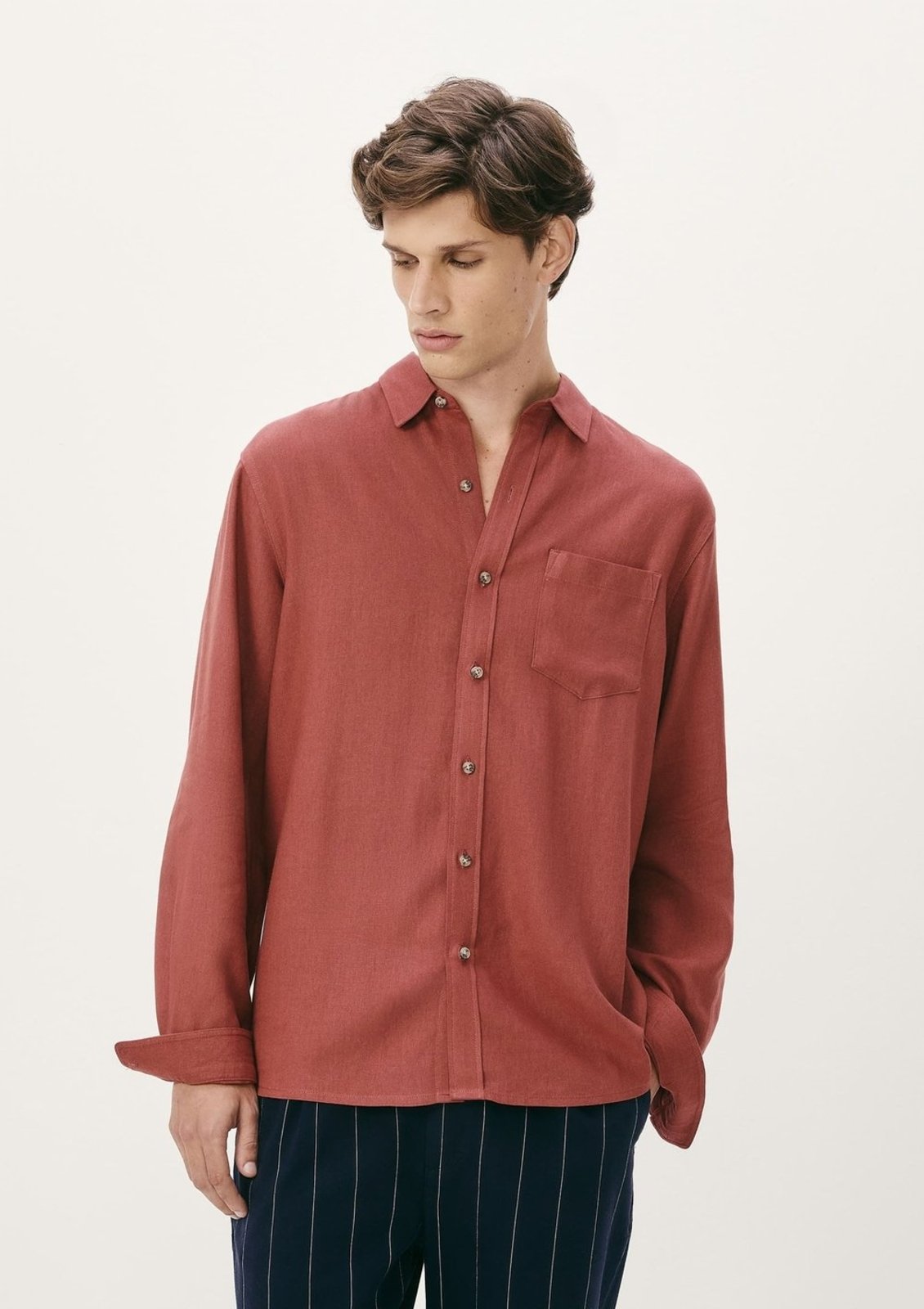 Camisa Básica Masculina Manga Longa Slim Em Linho - Vermelho M