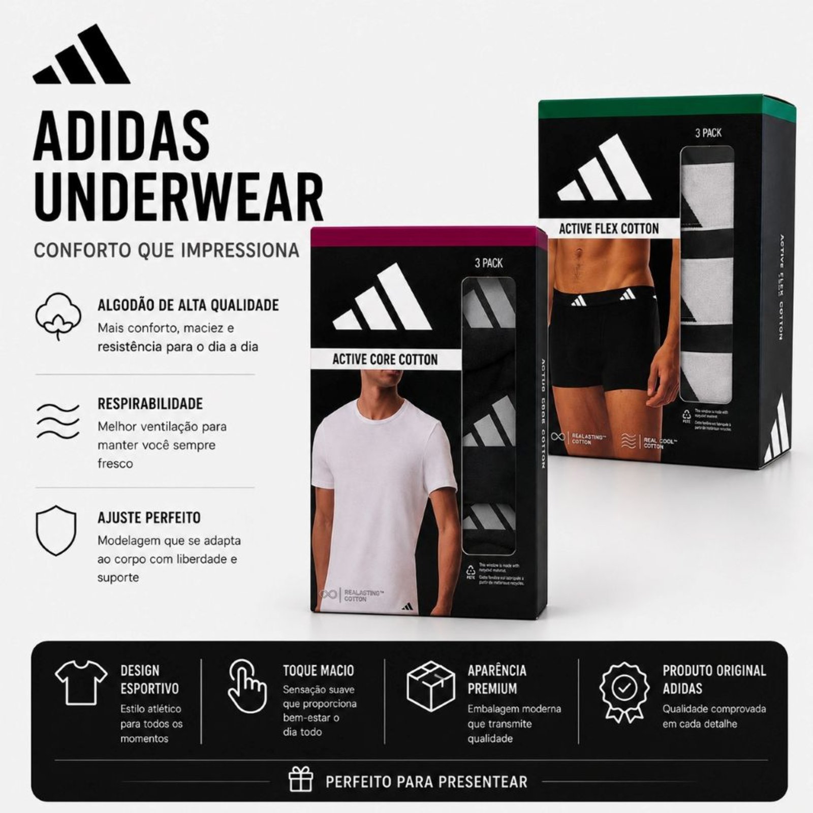 Vista 3 Kit com 3 Camisetas Gola V Adidas Underwear preto Adidas Underwear preto