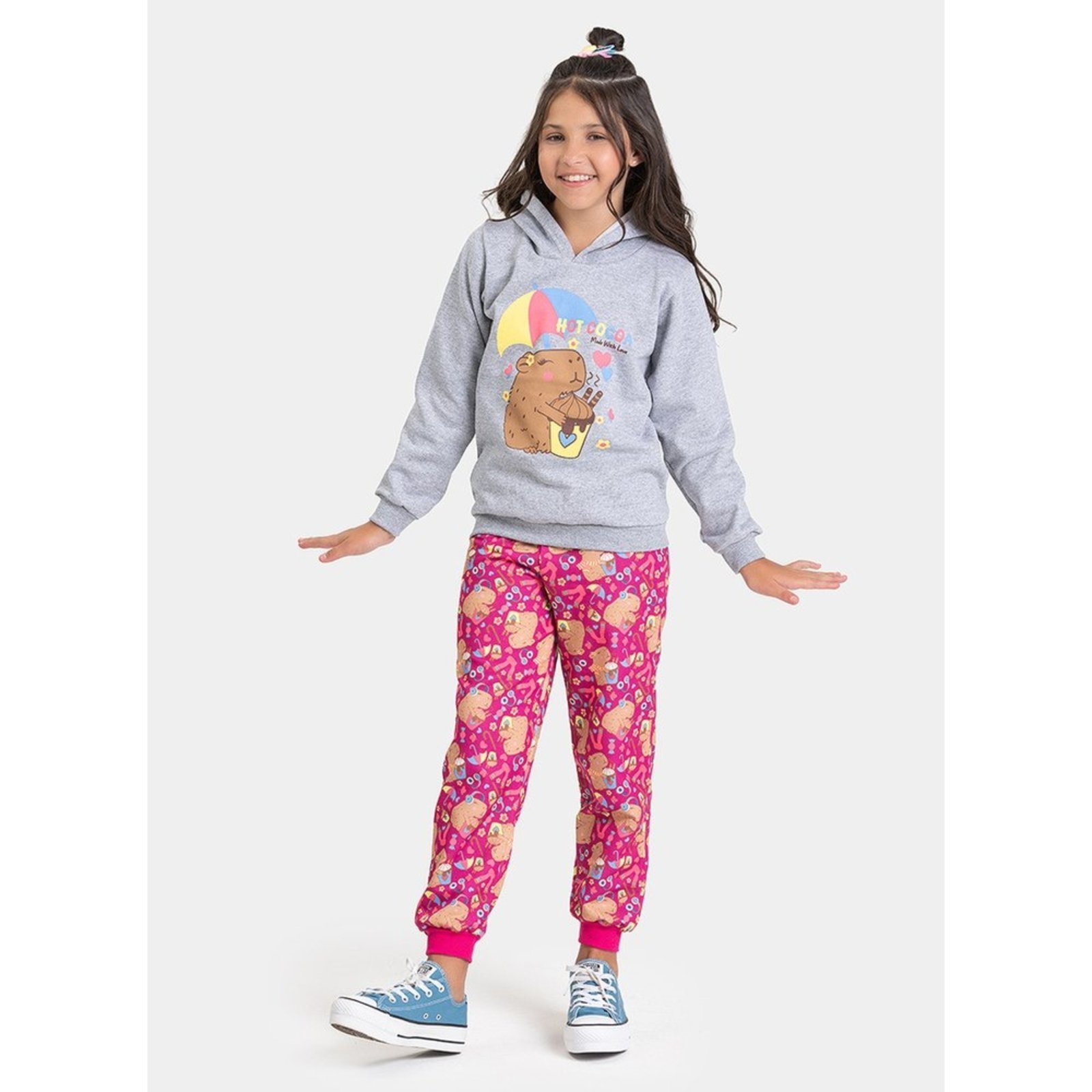 Infantil - Conjunto Inverno Menina Mescla Blusão com Capuz e Calça em Moletom Capivara