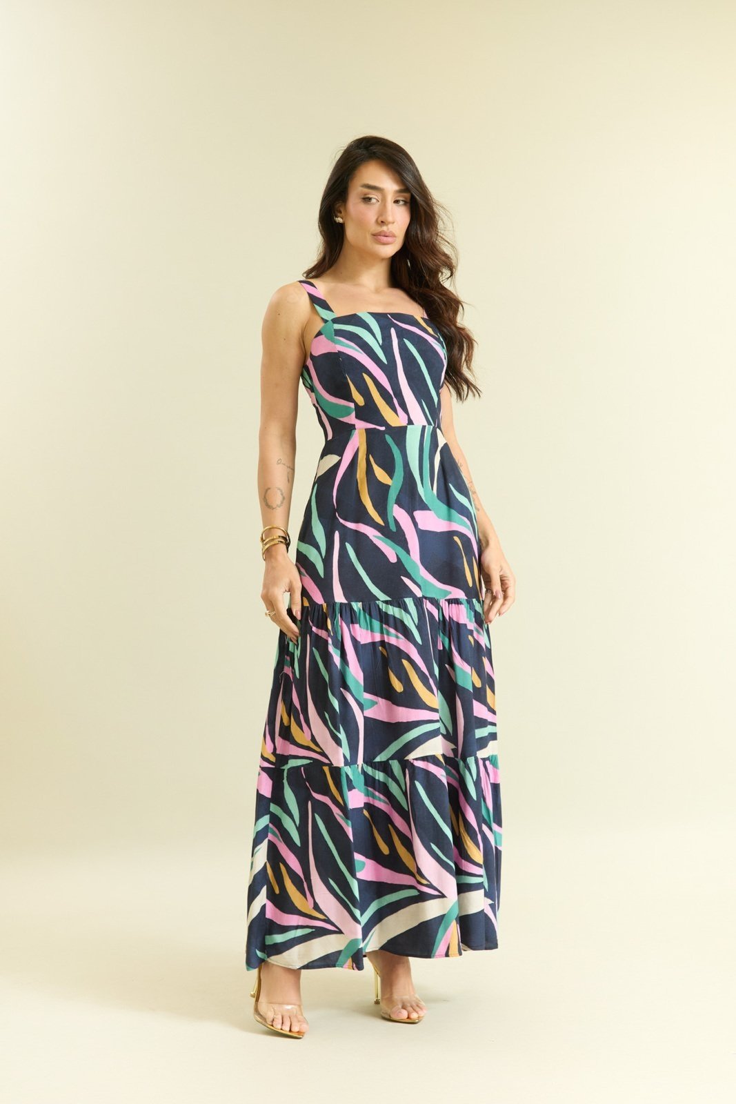 Vestido Longo Feminino Estampado Com Bolso Marinho Lemier Collection