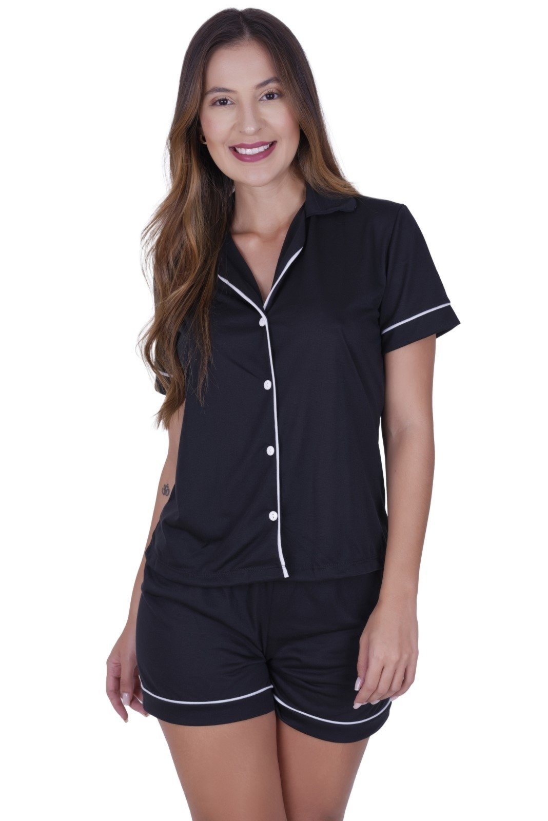 Pijama Amamentação Americano com Botão Manga Curta com Gola Pós Parto Feminino Terra e Mar Preto