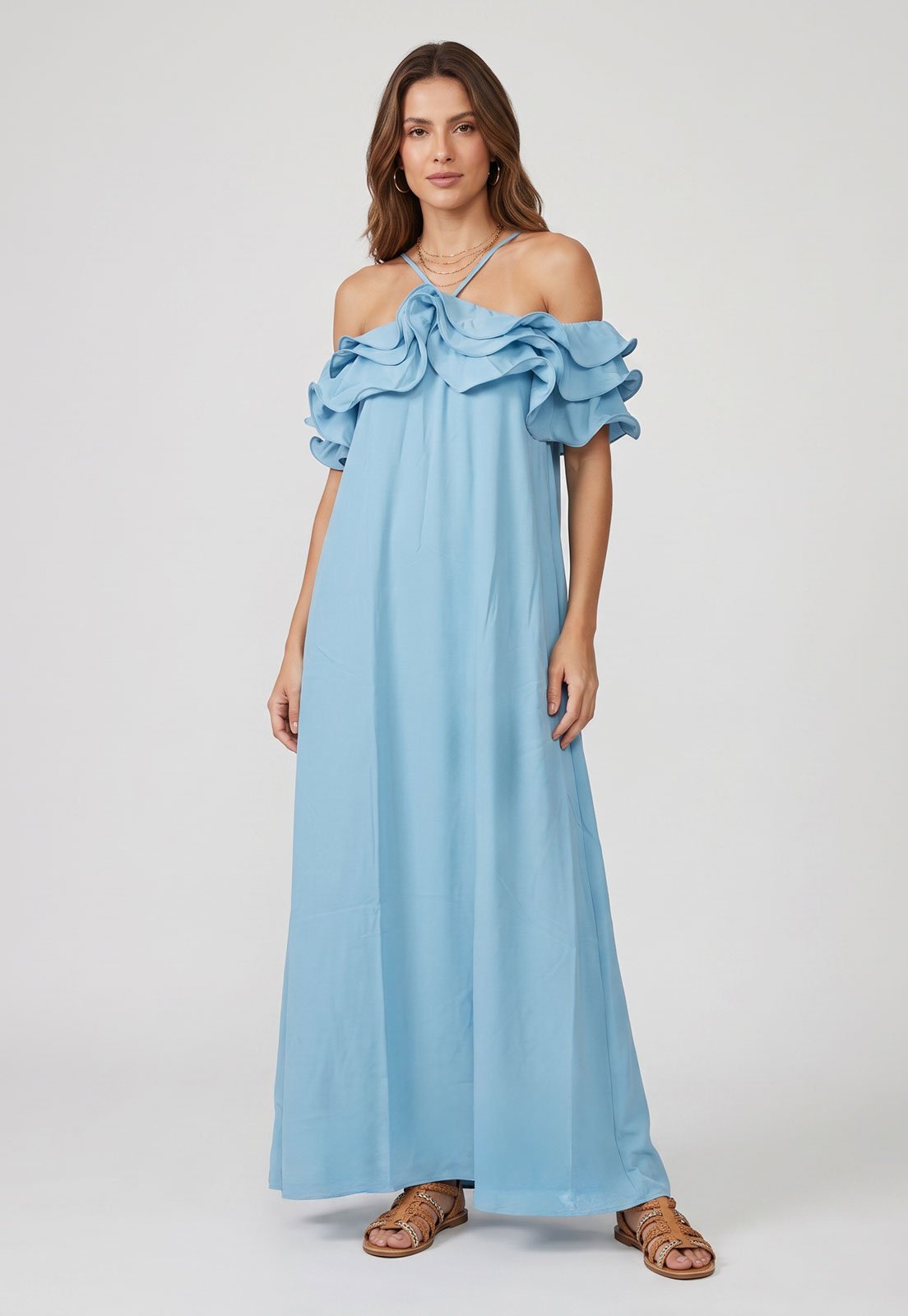 Vestido Longo Lez a Lez Ombro a Ombro Babados Azul