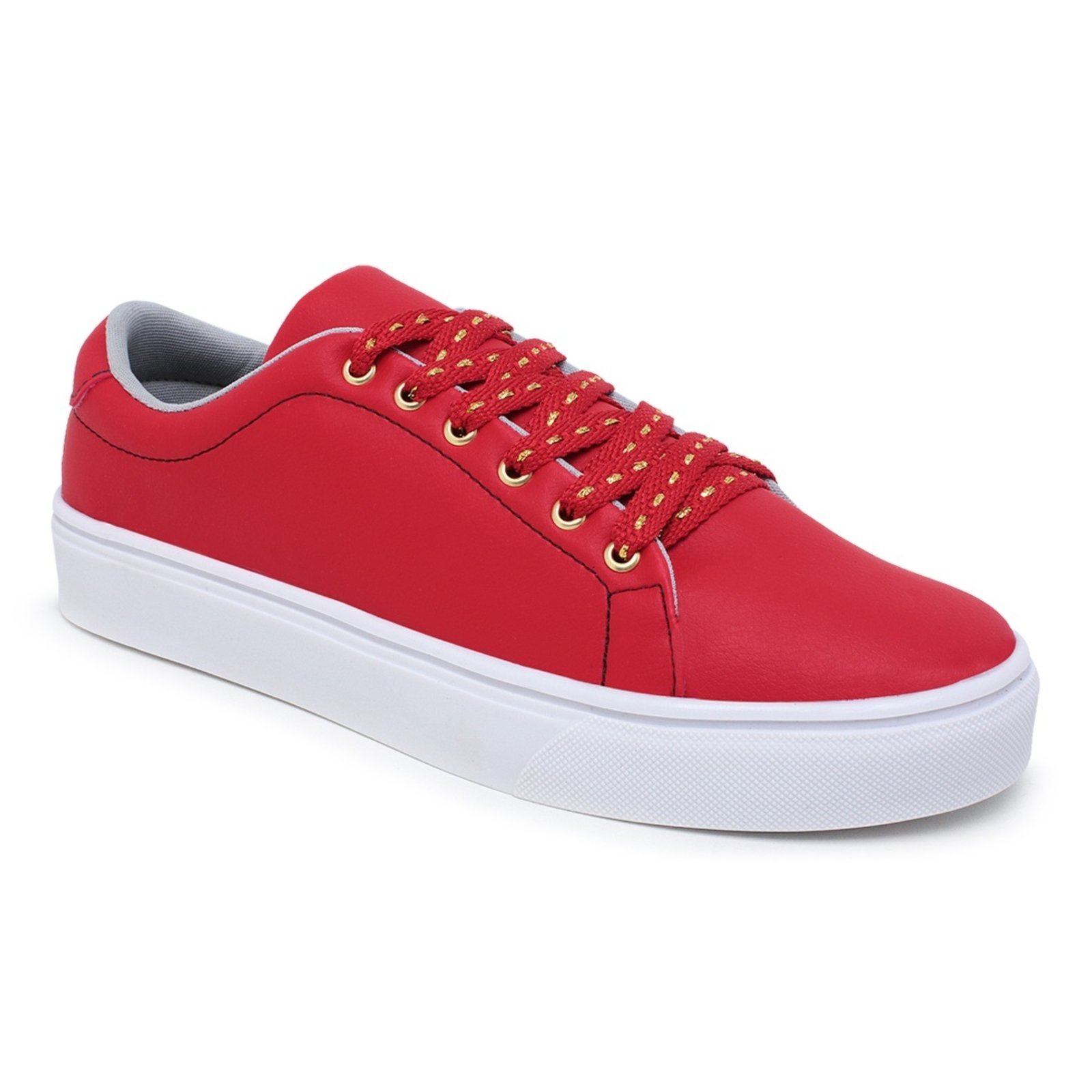 Tênis Casual Feminino Amarração Cano Curto Solado Flat Emborrachado Básico Confortável Vermelho