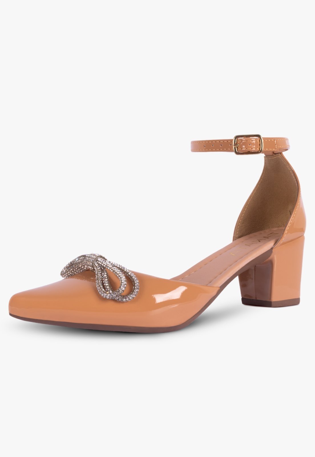 Scarpin Feminino Takata Salto Baixo Bloco Grosso Salomé Bico Fino Laço Strass Brilho Nude