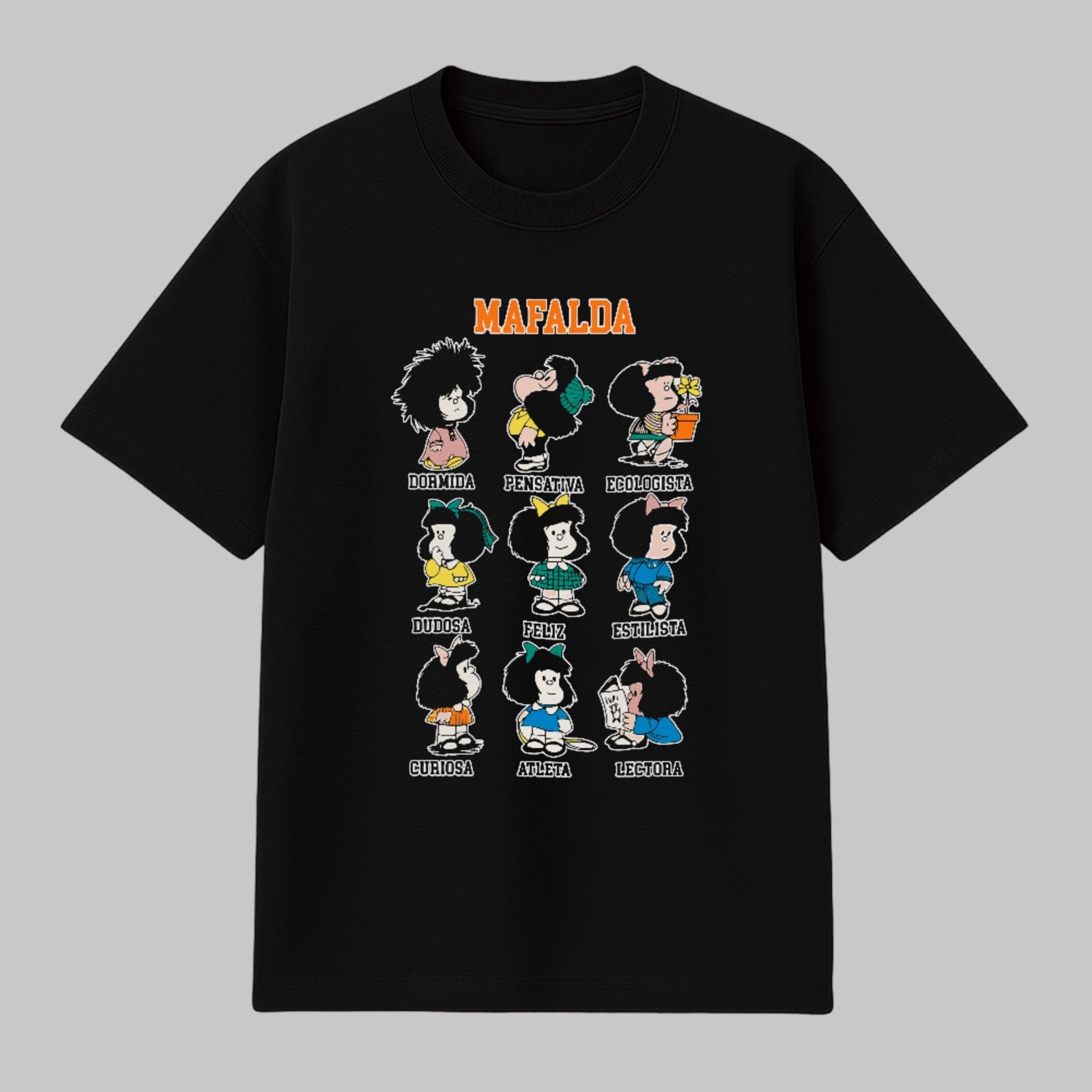 Camiseta Básica Personalidades Divertidas Mafalda Estampa Icônica Unissex Preto