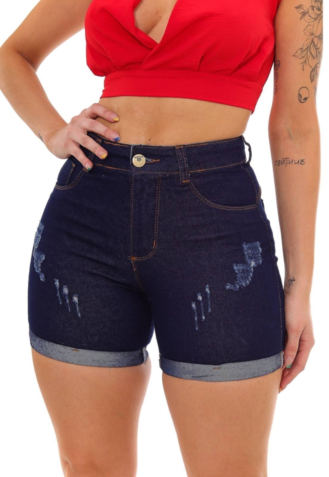 Shorts Jeans Feminino GARAIS MODA Azul Escuro Elegante Com Puídos Confortável Tecido Premium