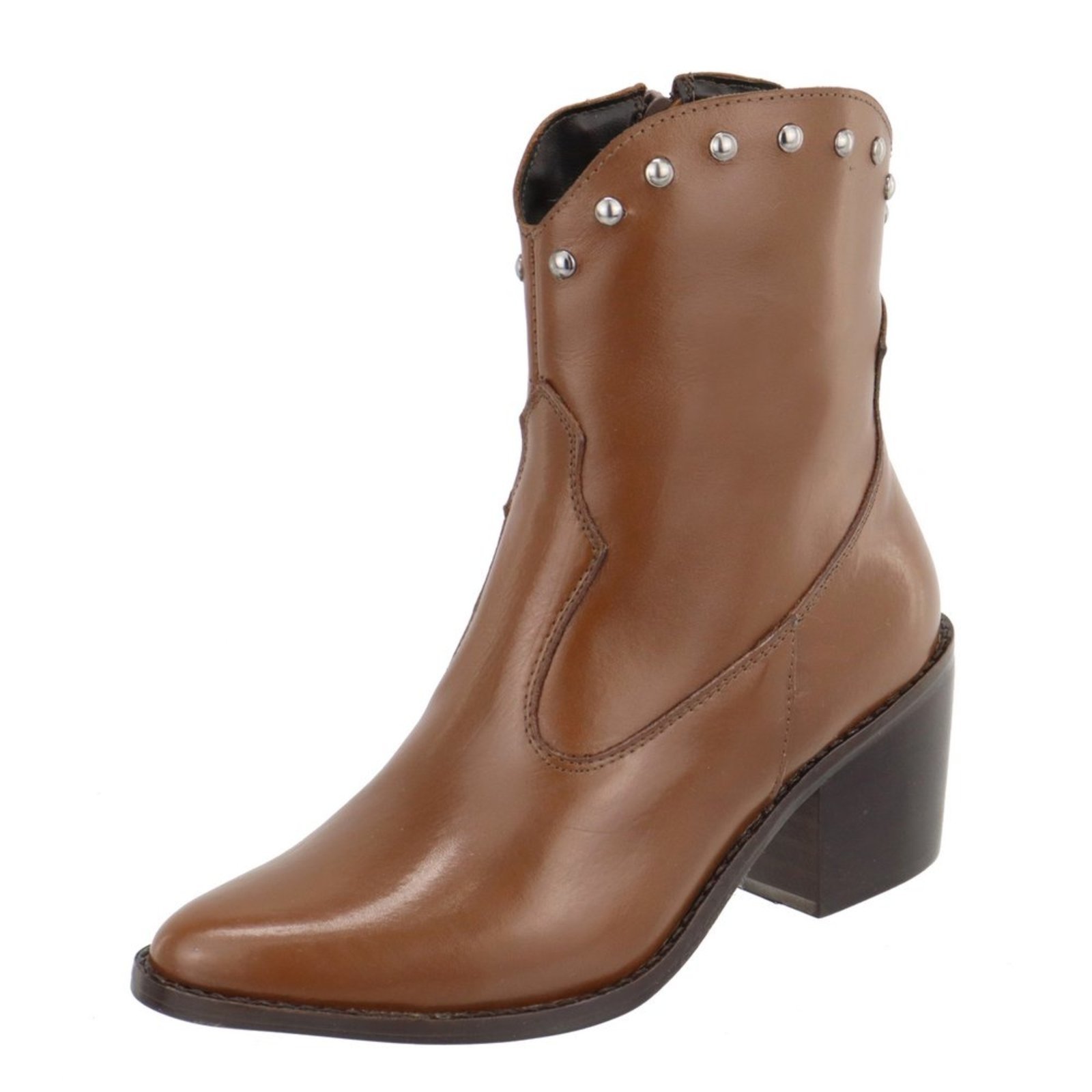 Bota em Couro Western Texana Bico Fino Cano Curto Country Conhaque Tellini Store