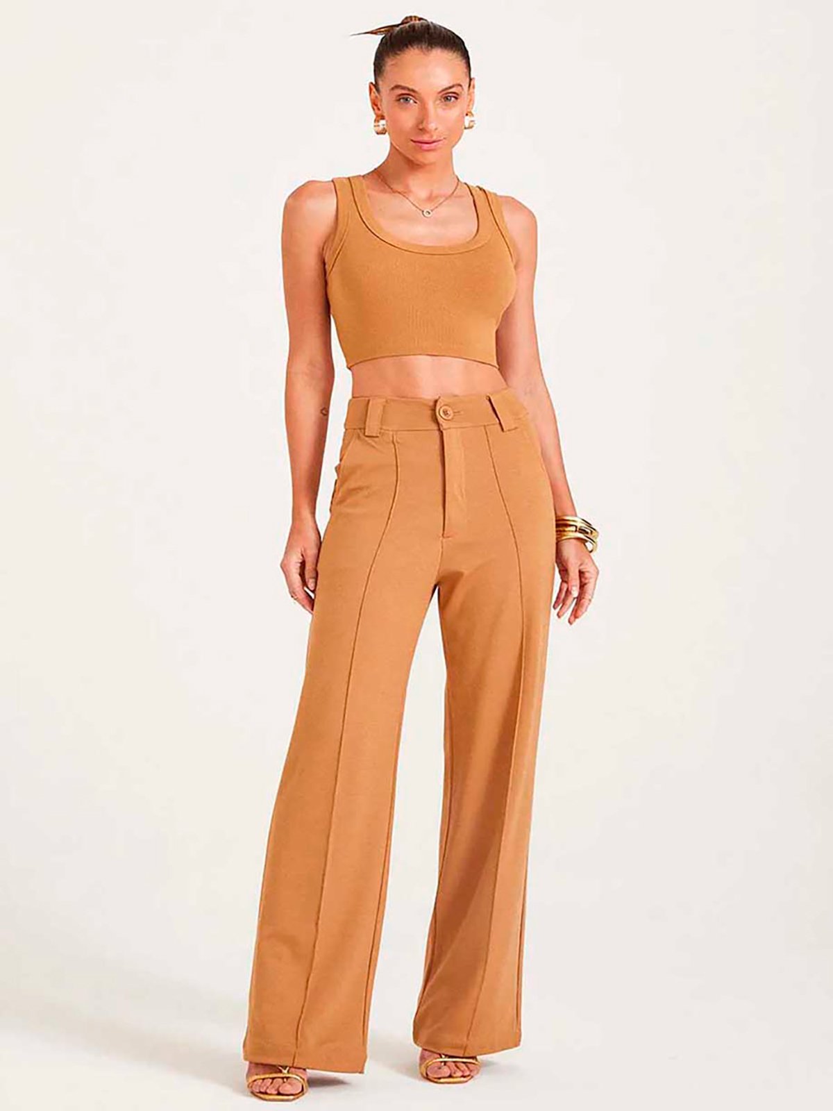 Calça Pantalona Zen Com Frisos Caqui
