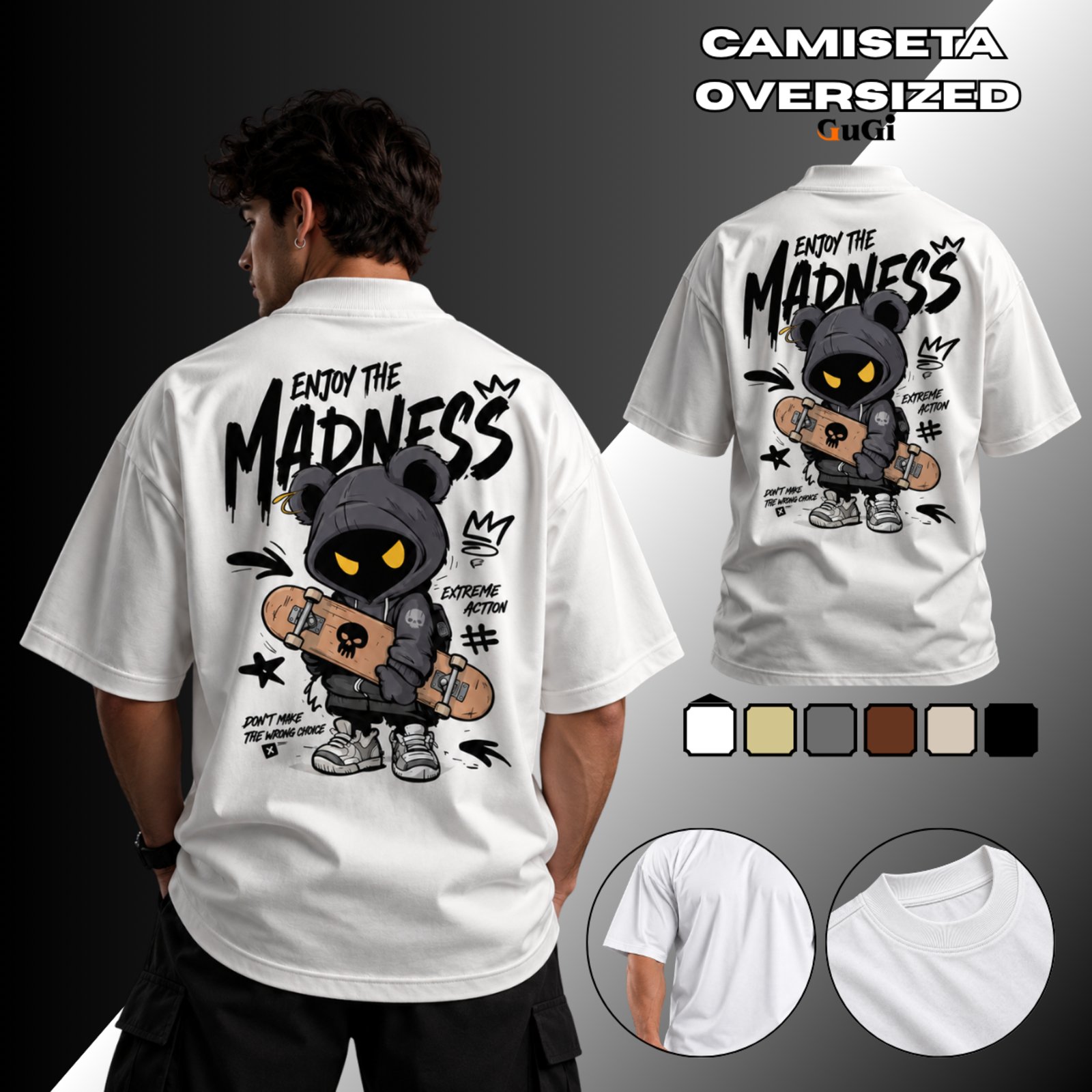 Camiseta Masculina Oversized Madness Skate 100% Algodão 30.1 Branco