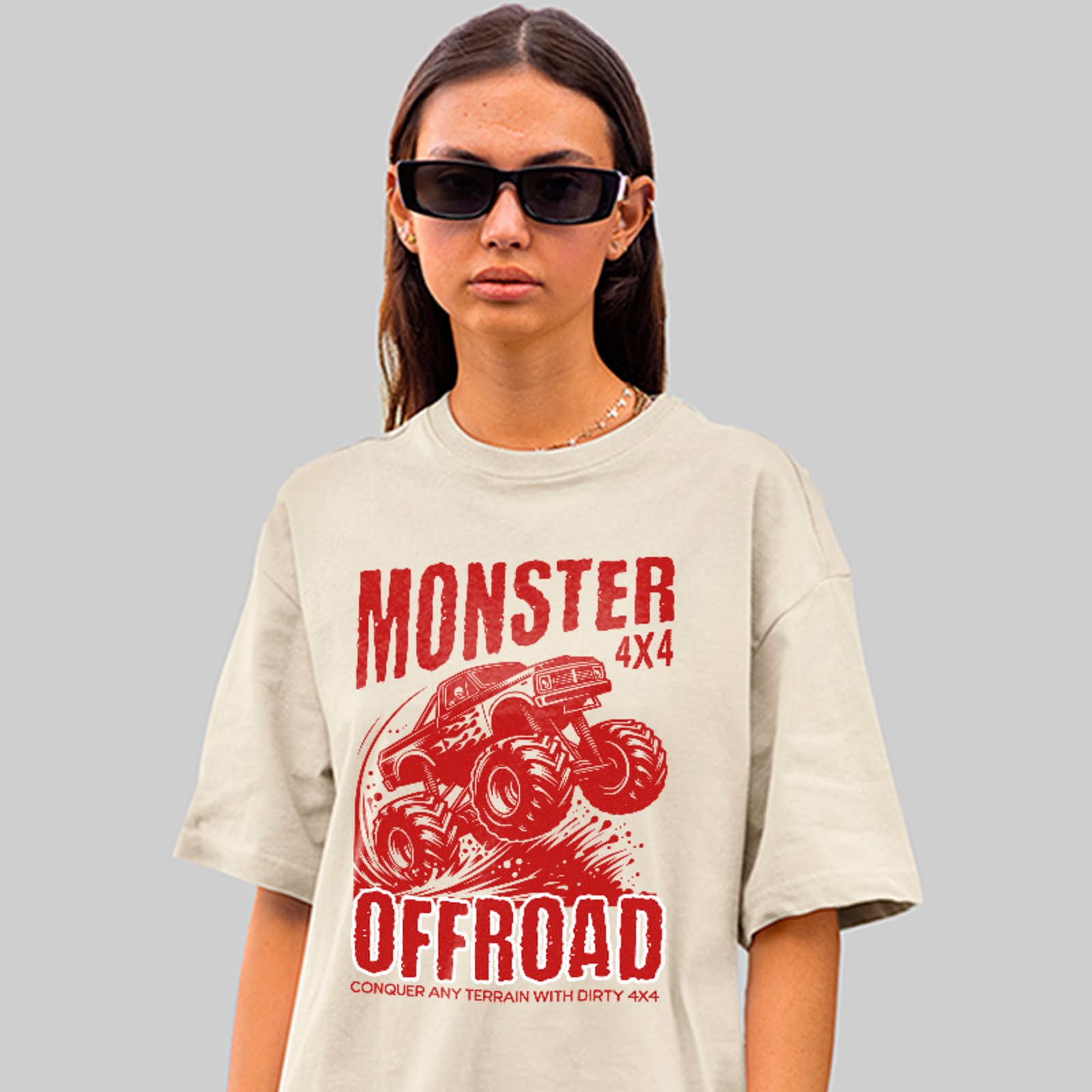 Camiseta Oversized Monster Truck Off Road 4x4 Aventura Unissex Off White