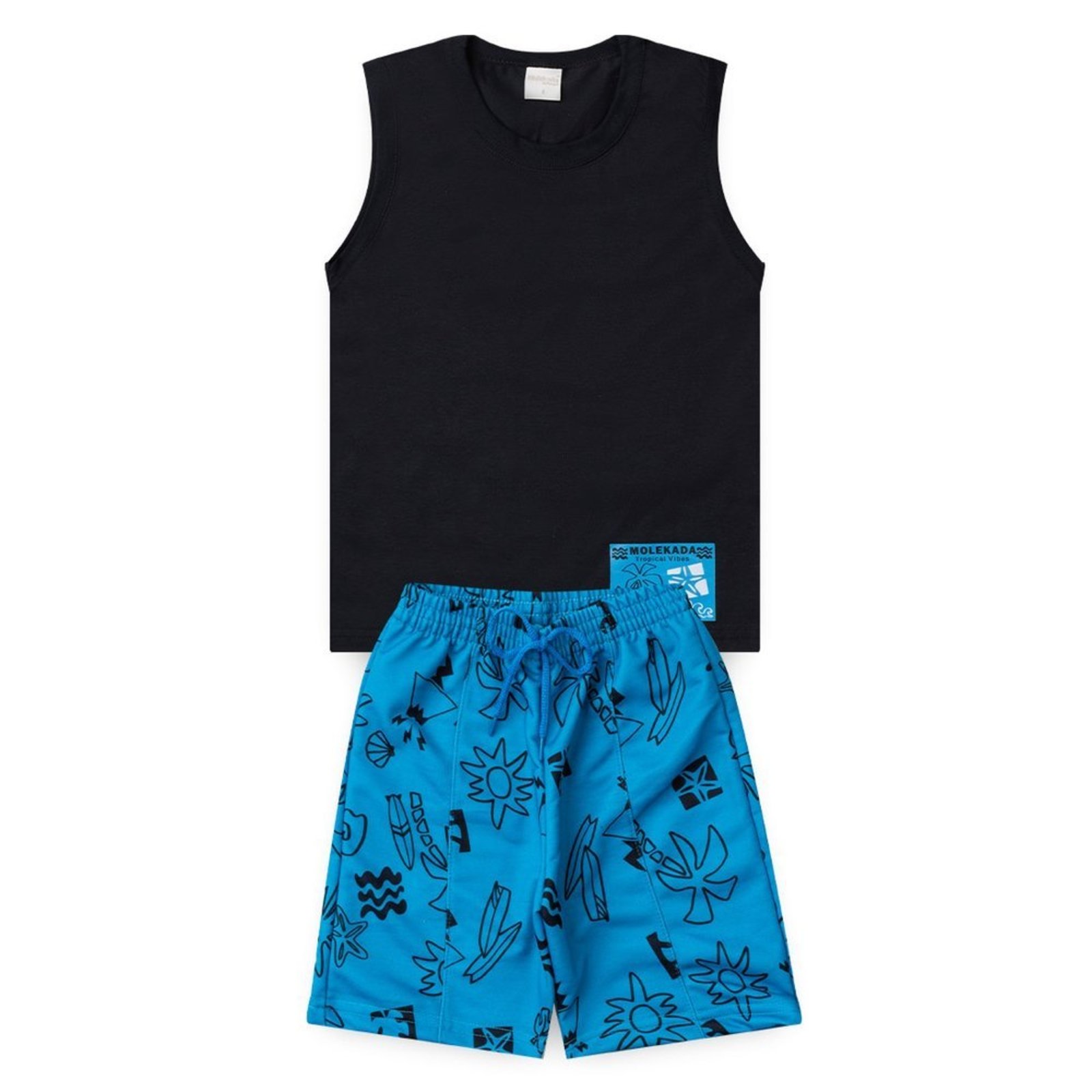 Infantil - Conjunto Verão Menino Preto Regata e Bermuda com Cadarço Tropical