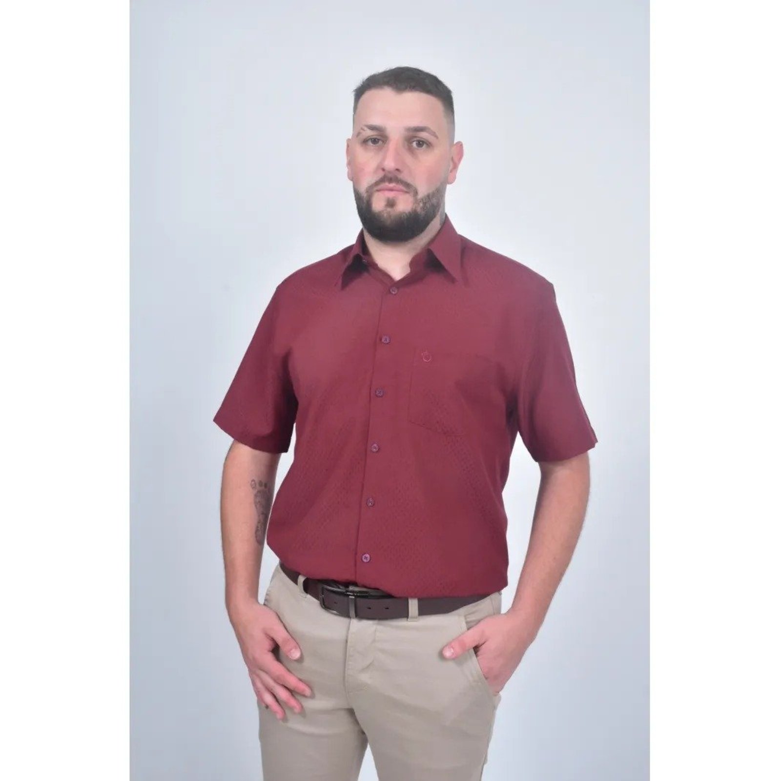 Camisa Social Masculina Olimpo Maquinetada Manga Curta Bordô