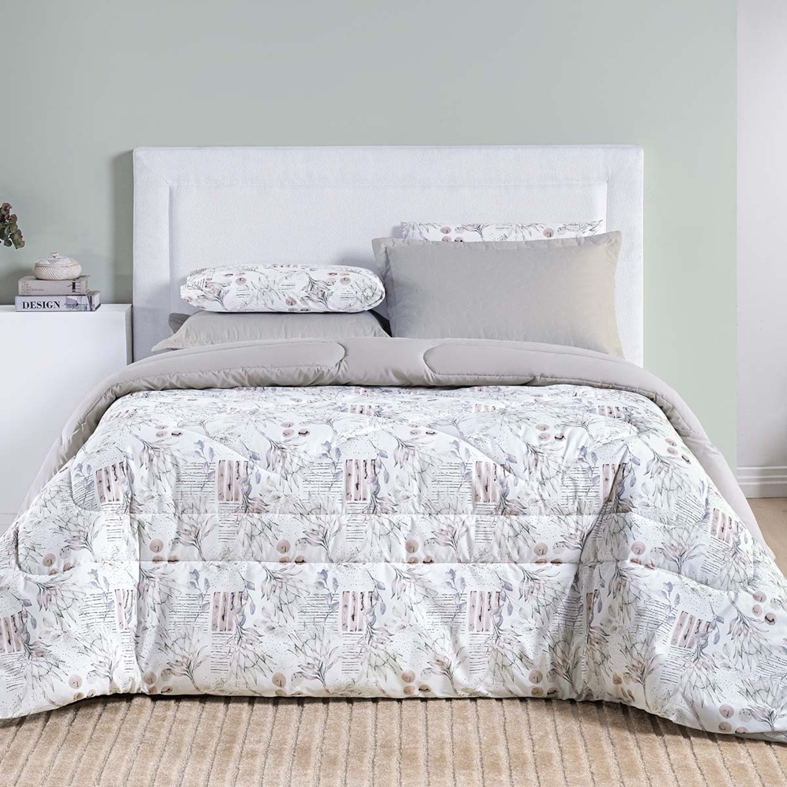 Edredom Cobertor Casa Scarpa Maris Super King Percalle 200 Fios Estampado Floral Protea Cinza