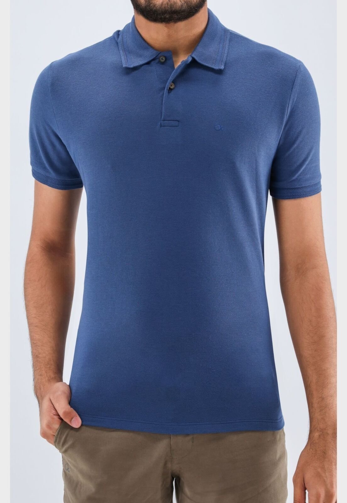 Camisa Polo Basica Piquet Duplo Ogochi Slim Fit Azul