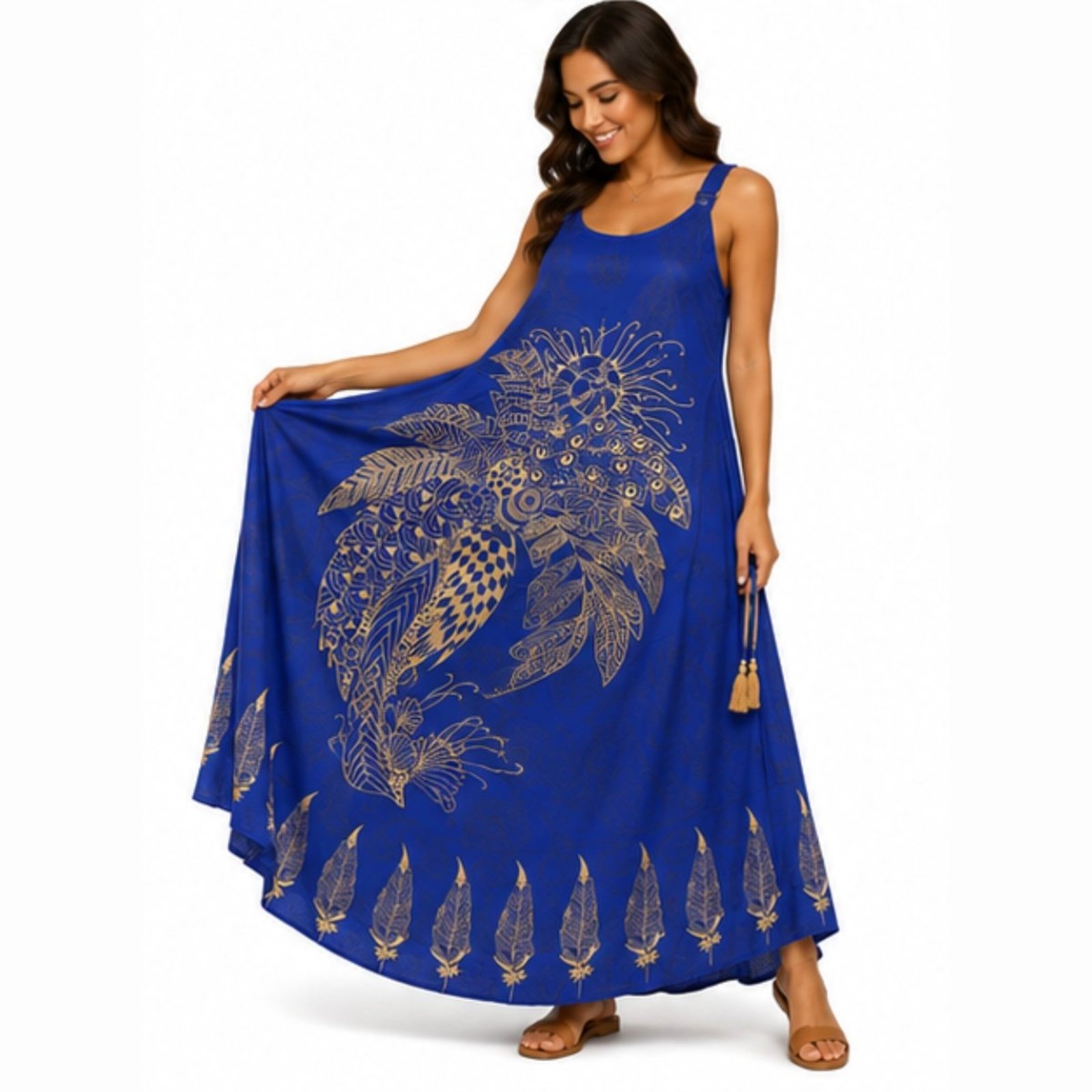 Vestido Longo Feminino Viscose Estampado com Bolso e Alça Ajustável Azul