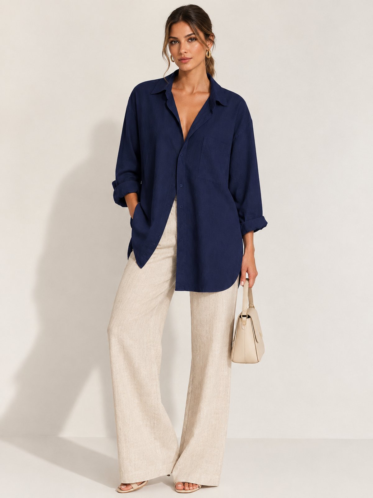 Camisa Over de Linho Feminina SKR Moda Elegante Manga Longa Casual Premium Azul Marinho
