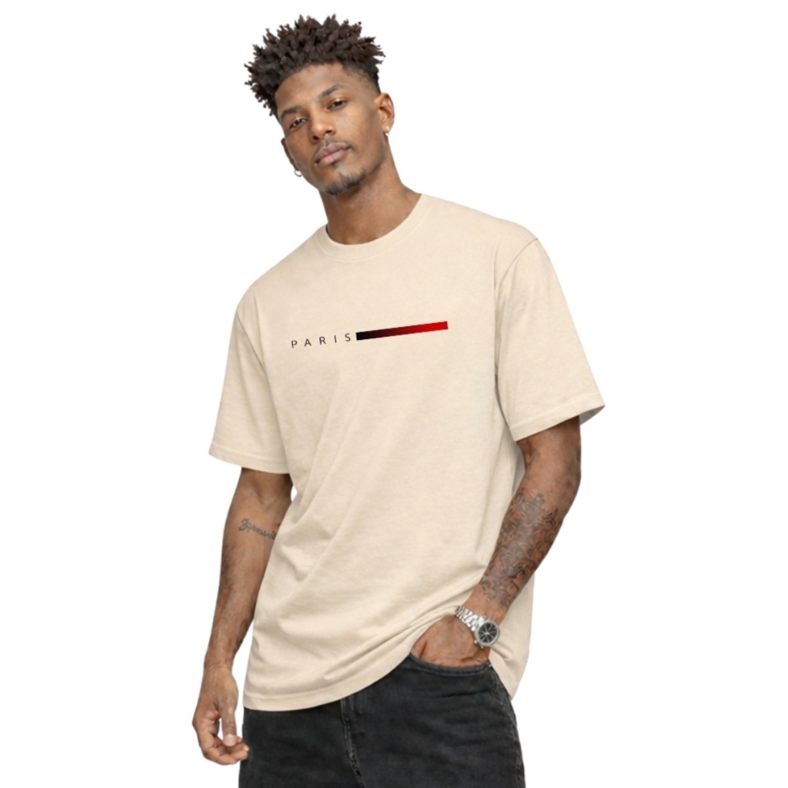 Camiseta Basica Algodão Gola Redonda Masculina Estampa Paris Vermelho