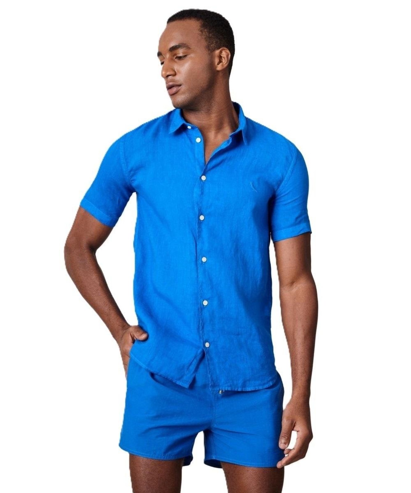 Camisa Manga Curta Linho Tinturado Reserva AZUL ROYAL P