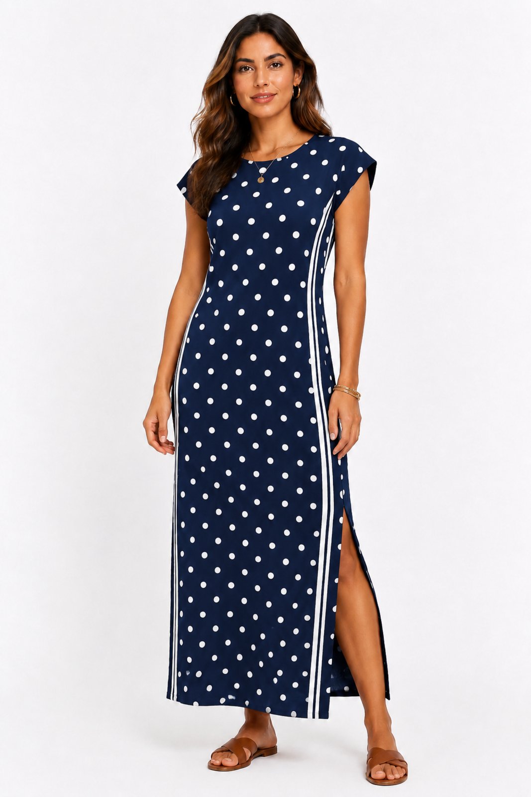 Vestido Midi D Bell Outlet Fashion Poá Azul Marinho