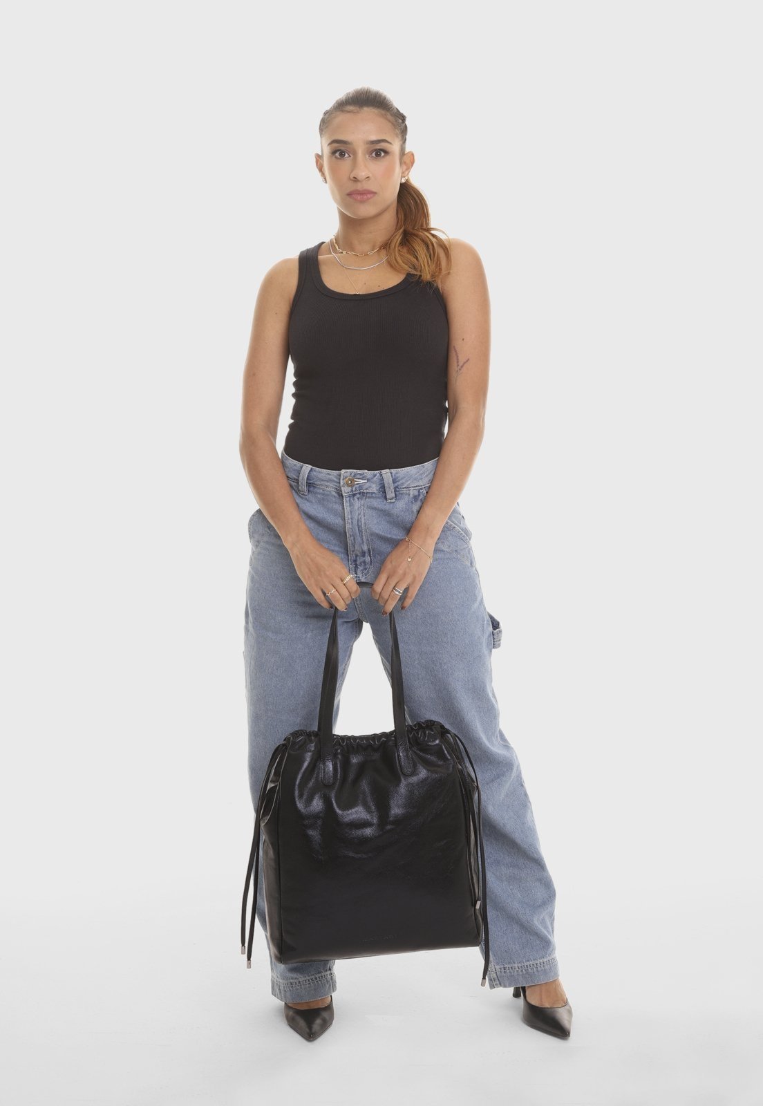 Vista 3 Bolsa Tote Couro Mariart Maxi Rosa Preto Metalizado preto rosa preto rosa