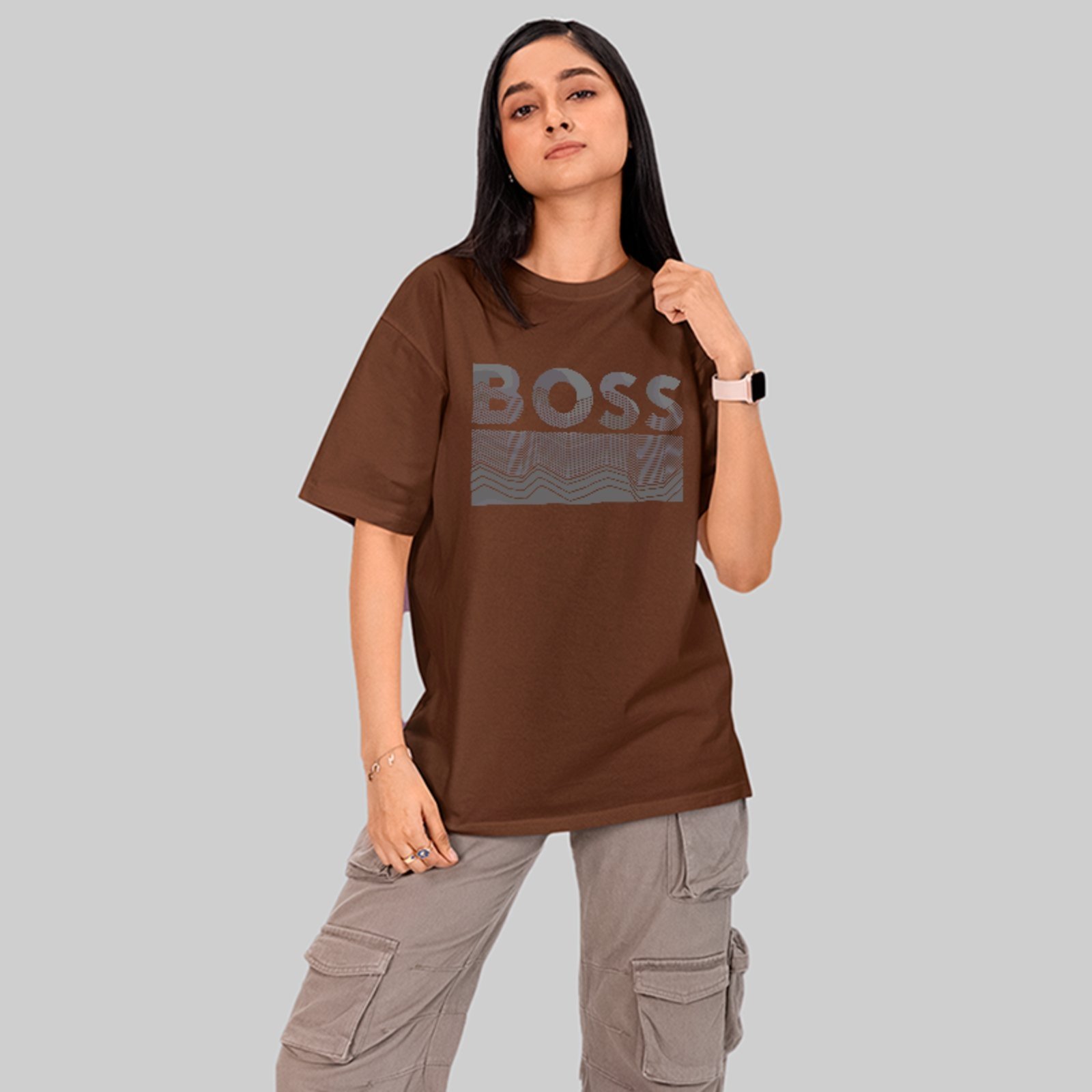 Vista 3 Camiseta Oversized Boss Estética Moderna Casual Luxo ousy marrom ousy marrom