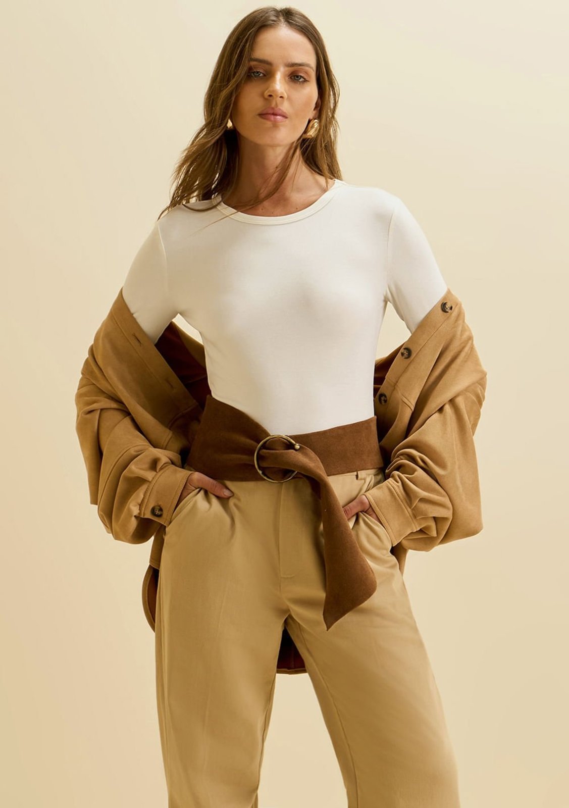 Blusa Morena Rosa Ajustada Decote Careca Manga Longa Padrão Off Off-white