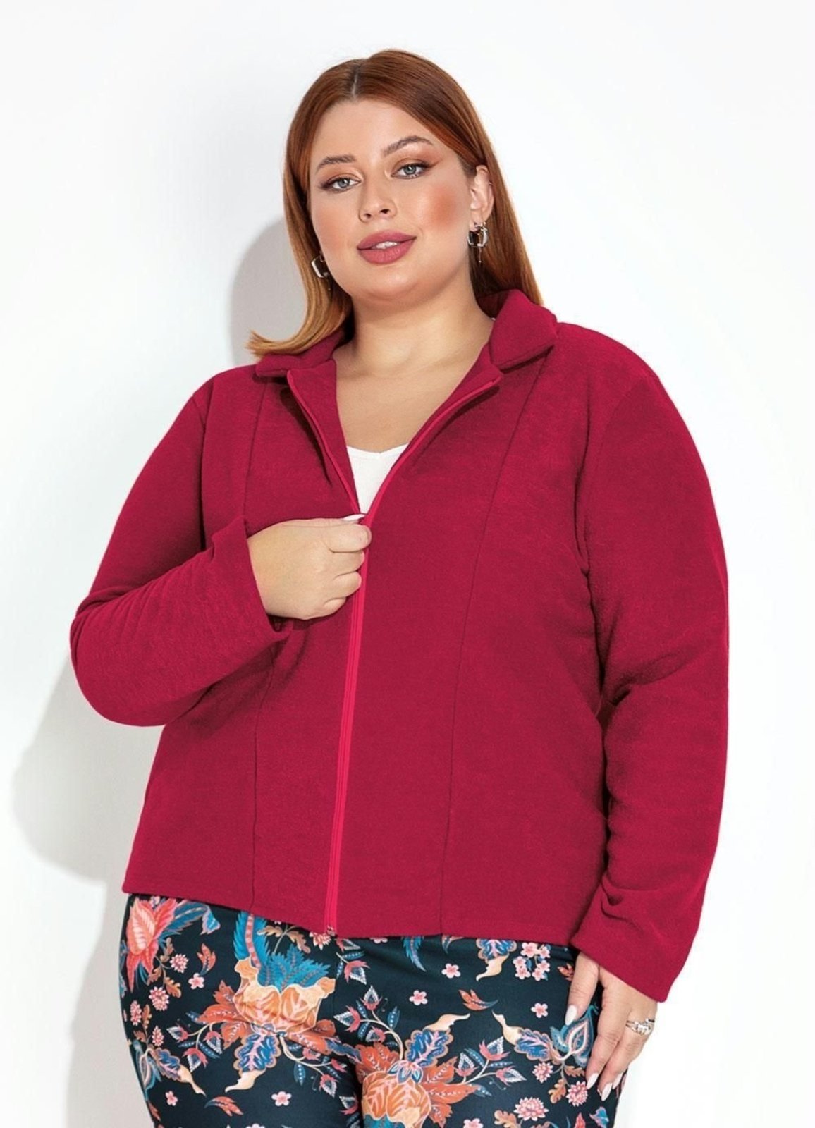 Vista 3 Casaco Em Buclê Peluciado Plus Size Cereja Marguerite vermelho Marguerite vermelho