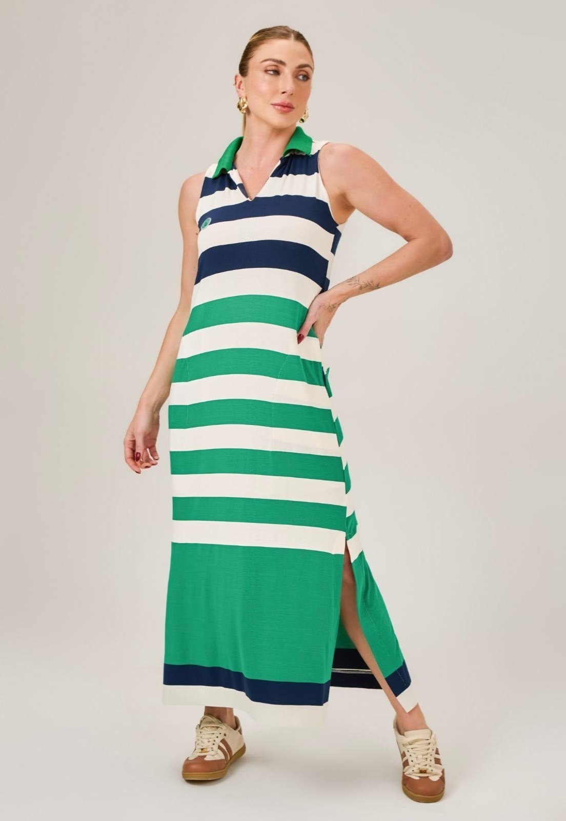 Vestido longo Tricolor Listrado